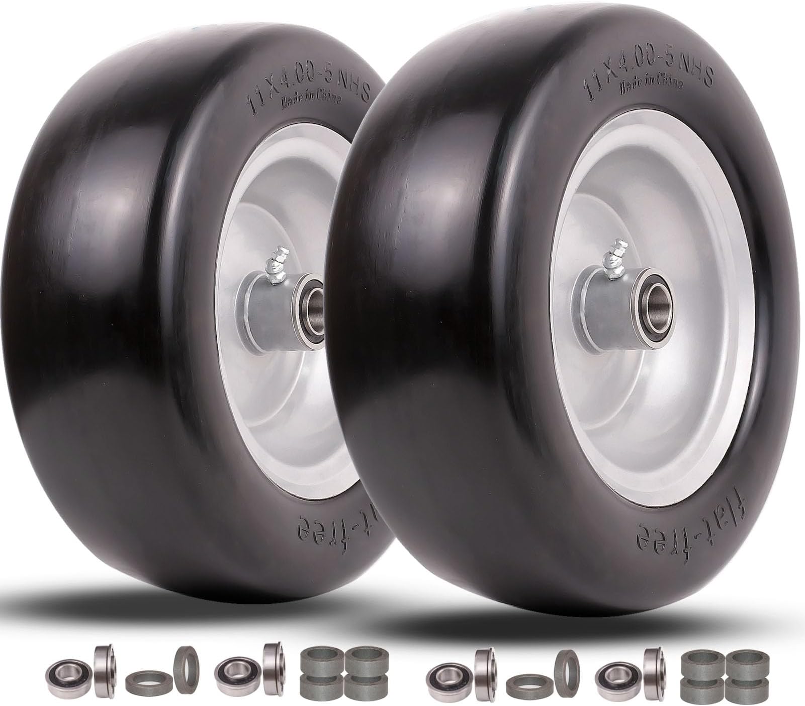 11x4.00-5 lawn mower tires flat free, Solid Smooth Tires and Wheel with 3/4" or 5/8" & 1/2" Precision bearings, 3.4"-5" Centered Hub, for Zero-Turn Lawn Mowers, Extra Universal Adapter Kit (2 Pack)