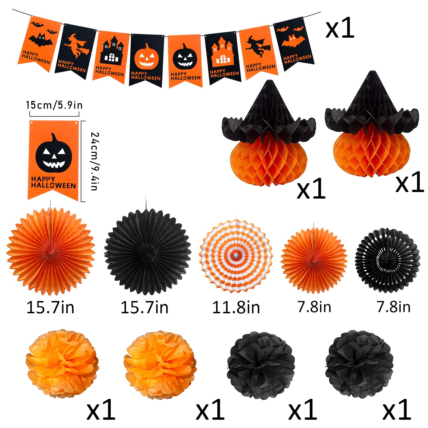 Mauts Halloween Party Decorations set , Halloween paper fan flowers, hanging swirl and happy pumpkin banner (Halloween 2) - Image 2