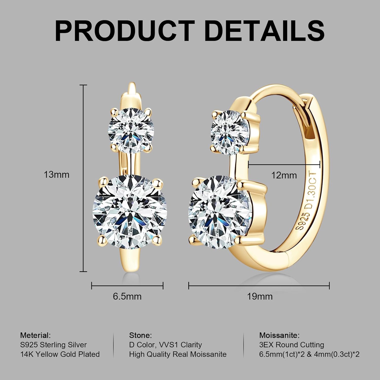 Moissanite Huggie Earrings for Women, 14K Gold Plated 925 Sterling Silver Hoop Earrings Hypoallergenic, 2.6Cttw D Color VVS1 Round Cut Moissanite Hoops Earring Jewelry Gifts for Women Men - Image 2