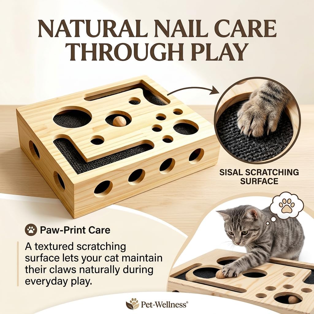 Rufftopia Cat Claw Saver, Wooden Cat Nail File Scratcher Box with Interactive Maze, Bell Ball & Toy Wand for Indoor Cats, Stress-Free Feline Claw Care Alternative (1pCS)