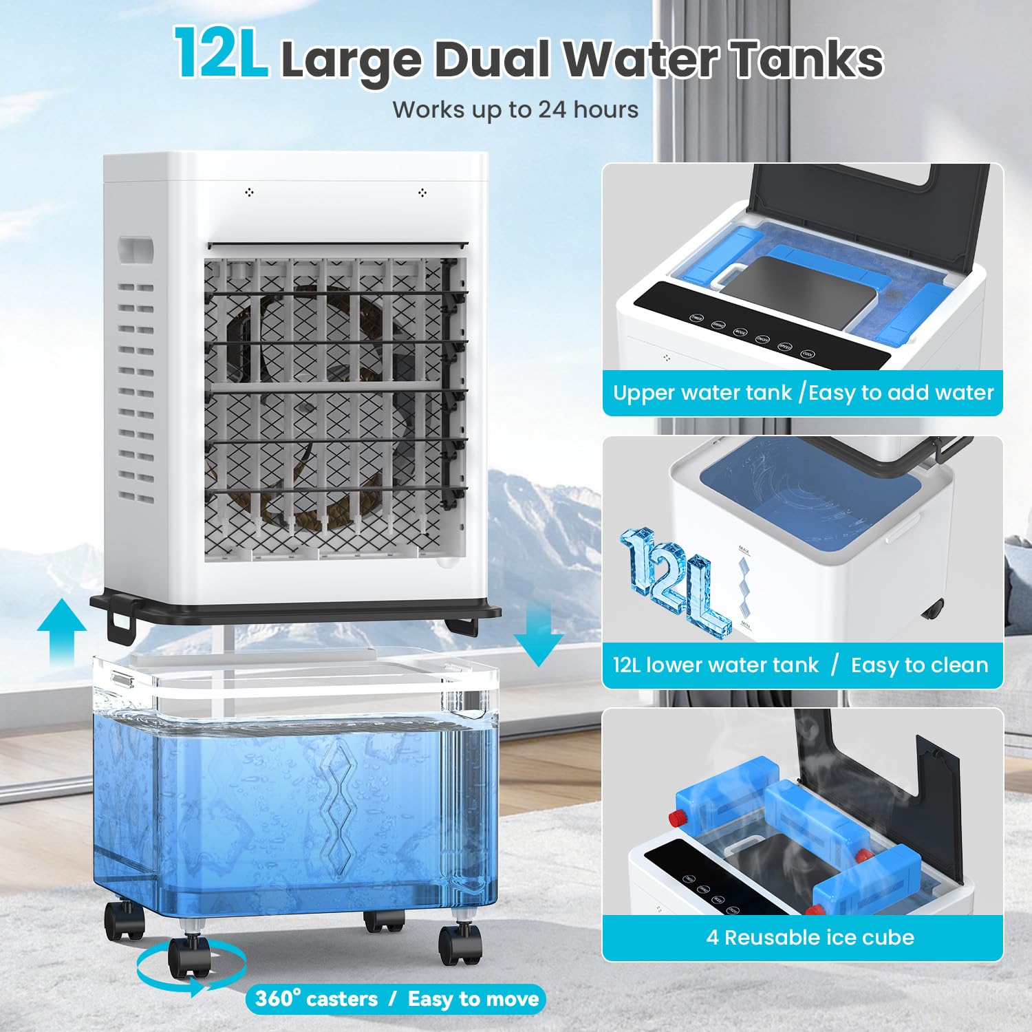 Climatiseur Mobile Sans Évacuation 12L, Rafraîchisseur d'Air Portable 3-en-1 avec 6 Vitesses, Climatiseur Mobile Silencieux avec Télécommande, Minuterie 24H, Refroidisseur d'Air 45W Économe en Énergie