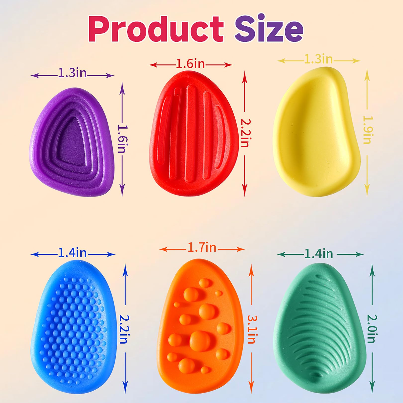 strrng 6-Piece Sensory Stones for Kids Worry Stones, Sensory Toys, Anxiety Relief, Silicone, Multicolor, Rainbow, Educational - Image 2