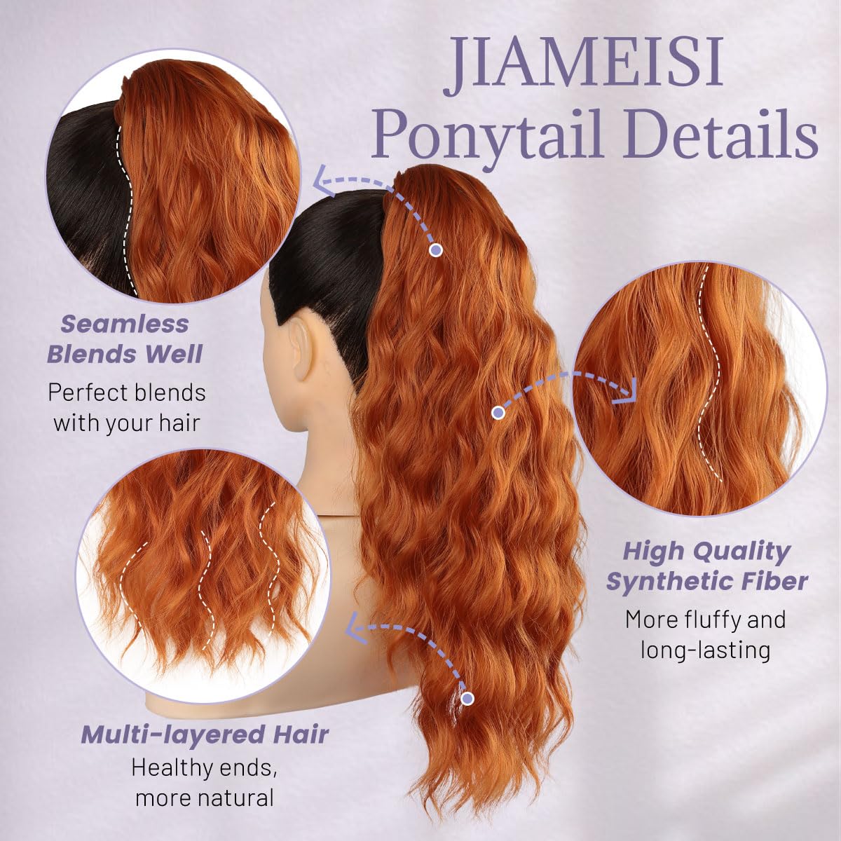 JIAMEISI Claw Clip Ponytail Hair Extensions 18 Inch Ponytail Extension Long Curly Wavy Jaw Clip in Pony Tails Extension Synthetic Fluffy Hairpiece for Women Girls Daily Use Party (Ginger Copper) - Image 3