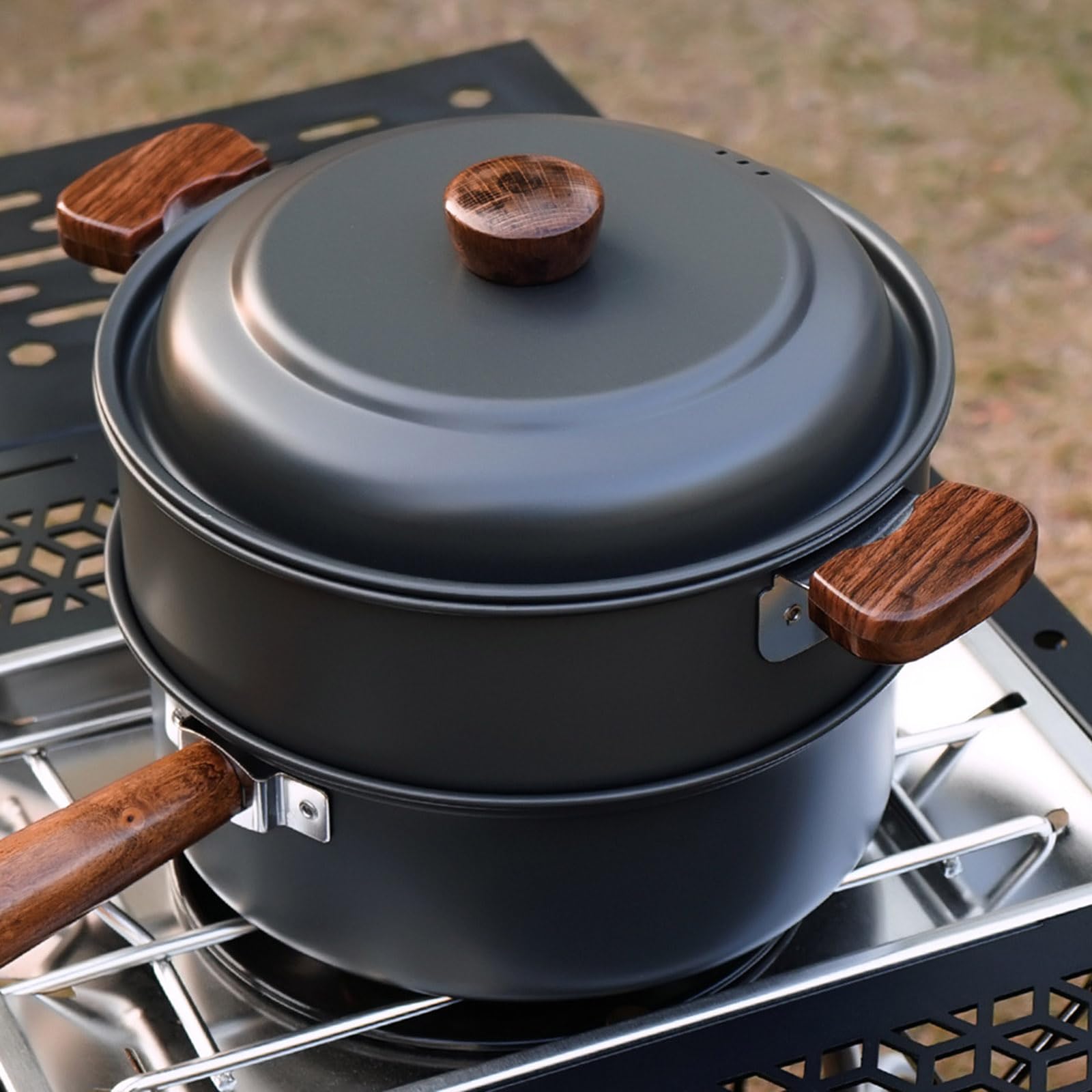 Multifunktionale Camping Kochtöpfe, Kochgeschirr mit ergonomischem Holzgriff, tragbare Outdoor Kochutensilien, langlebige Outdoor Kochutensilien