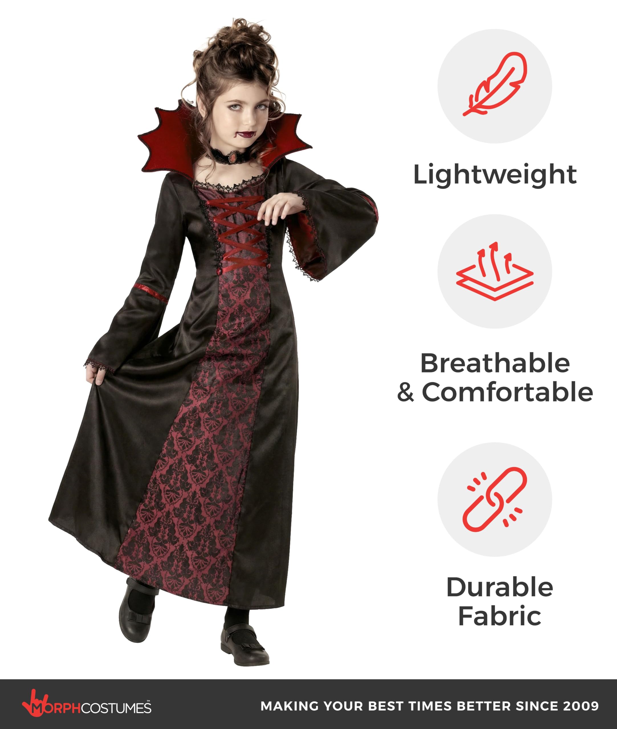 Morph Disfraz Vampiresa Niña, Disfraz Halloween Niña | Vestido Negro y Rojo con Cuello Alto & Collar, Encaje Gótico, Perfecto para Halloween, Ideal para Juegos de Rol