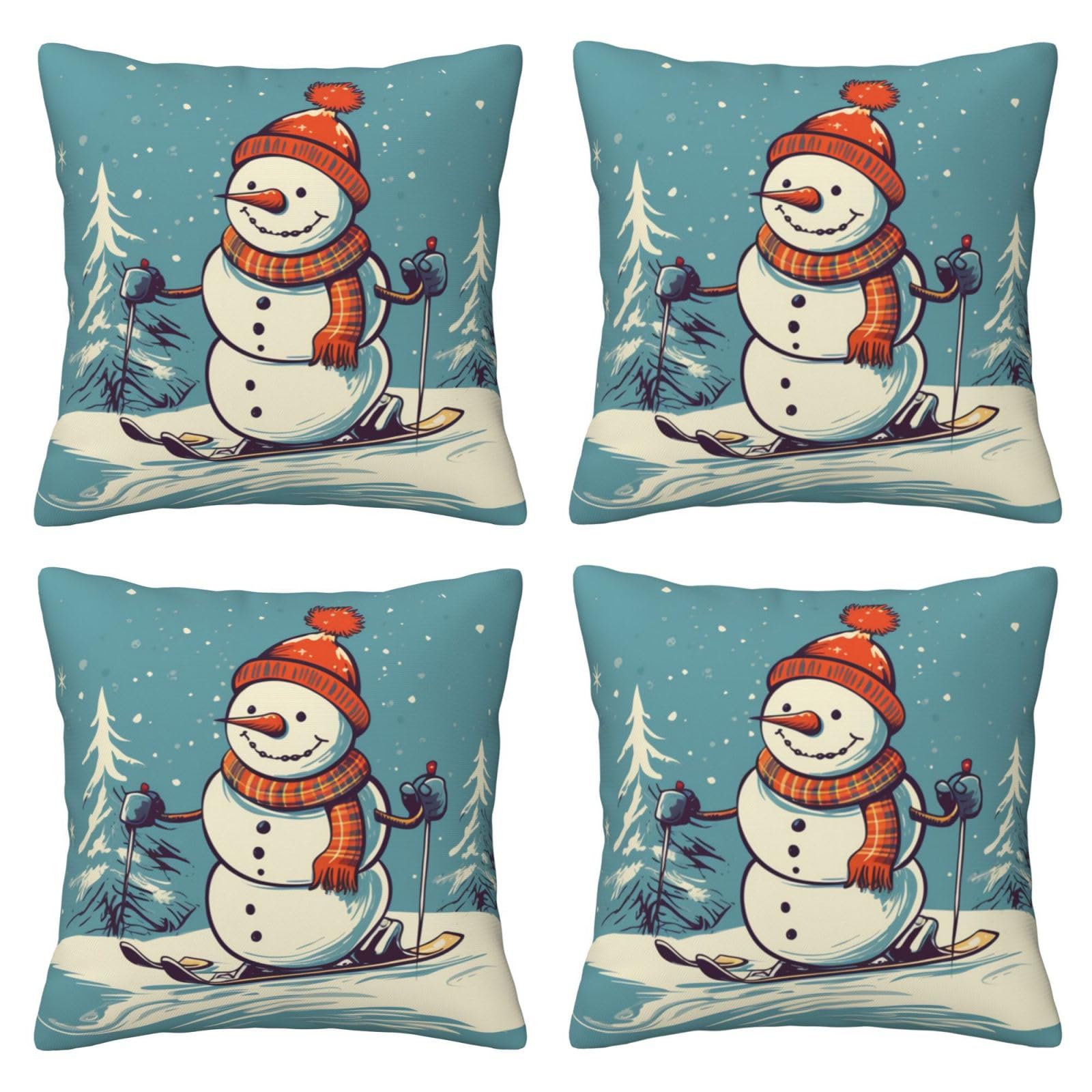 Skiing Snowman Throw Pillow Cases 4 Pack Square Pillowcases Super Soft Pillow Protectors With Zipper for Couch Livingroom Sofa Bed Office Car,30x30 CM