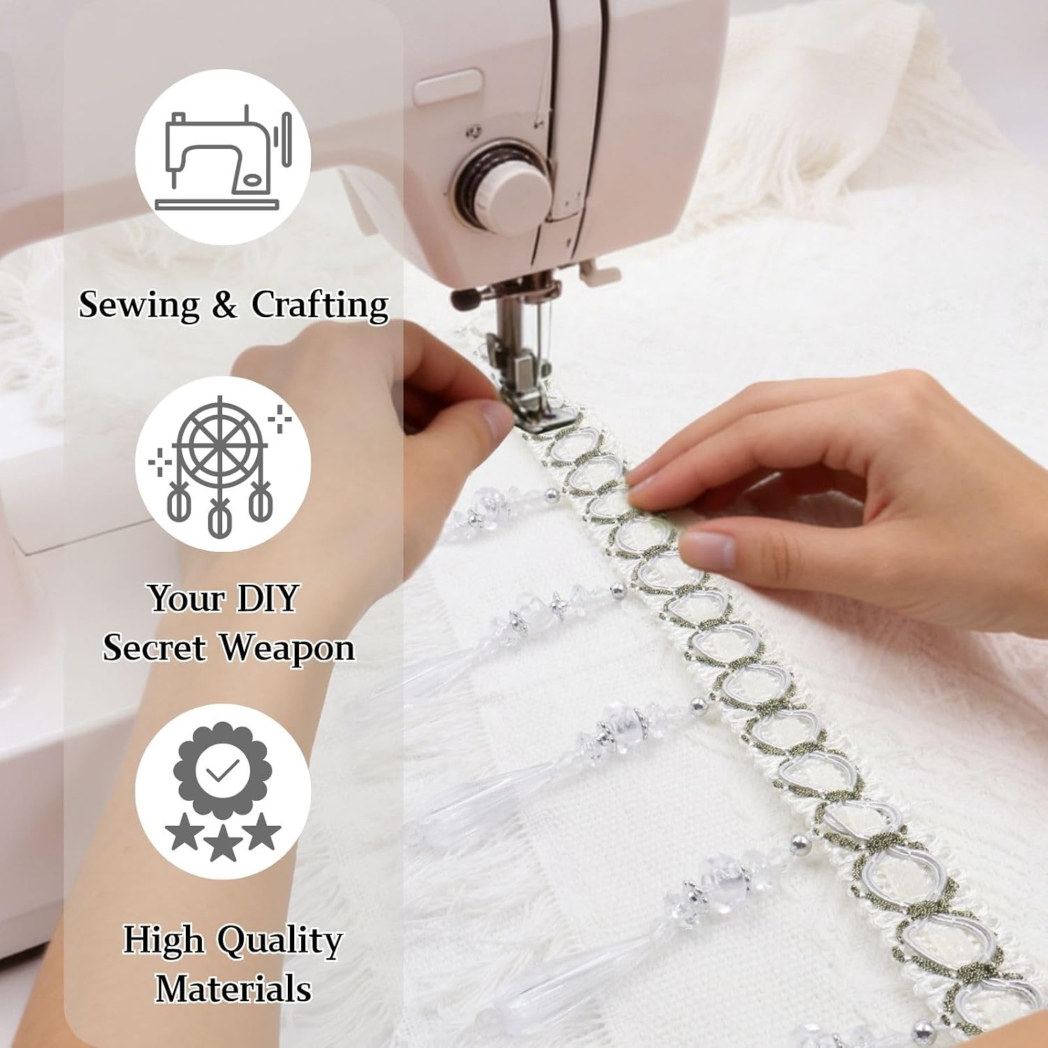 Bijou Joon 3 Yards White Beaded Fringe Trim Handmade Crystal Beaded Tassel Trim Pendant DIY for Sewing Curtain Lampshade Braid Clothing Tablecloth Home Decoration