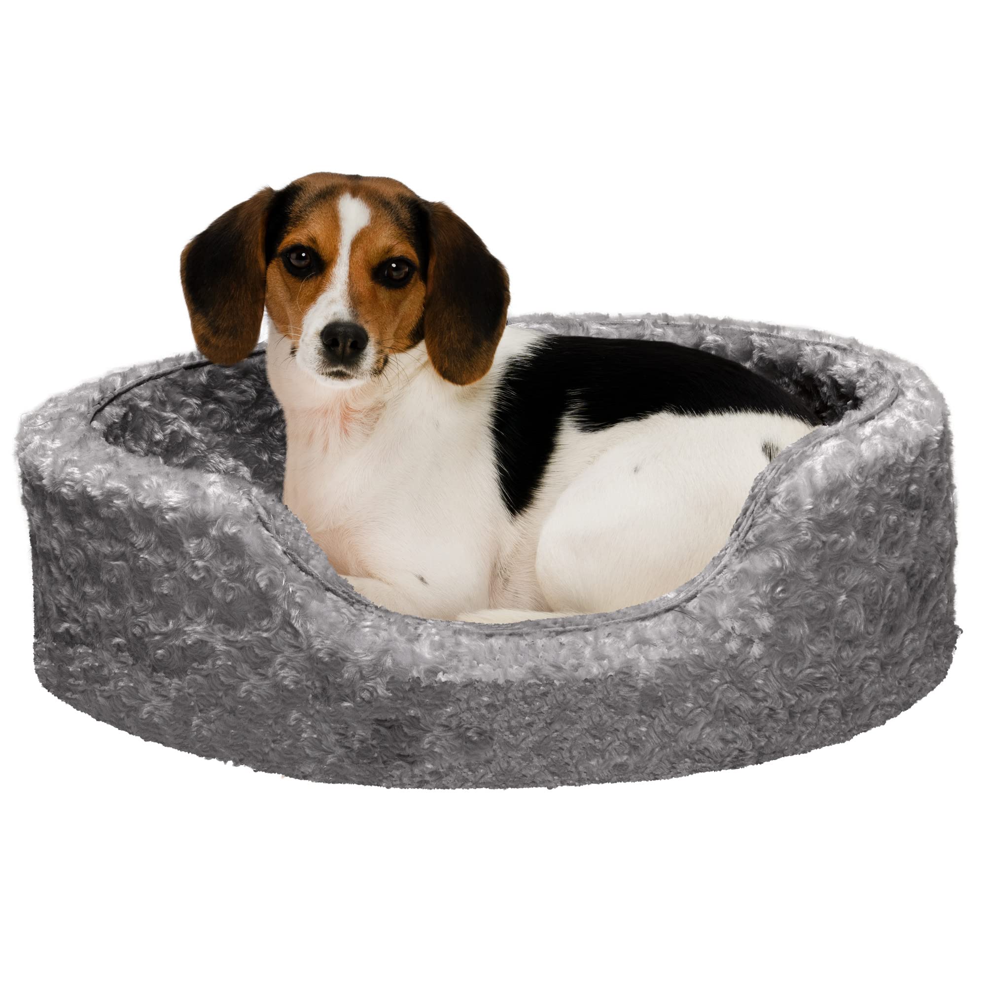 Photo 1 of *ZIPPER ON BOTTOM BROKEN, STOCK PHOTO REFERENCE ONLY** Furhaven Medium Dog Bed Ultra Plush Curly Faux Fur Oval Lounger w/ Removable Washable Cover - Gray, Medium Oval (Fiber-Filled Base) Medium Plush Gray