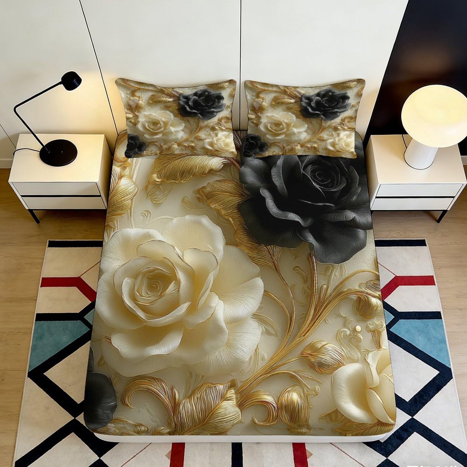 Pnayamiorkfel Style-5 3D Printed Golden Rose Fitted Sheet Microfiber Soft Decor Black Flower Mattress Cover For Bedroom Guest Room 90X200x25cm