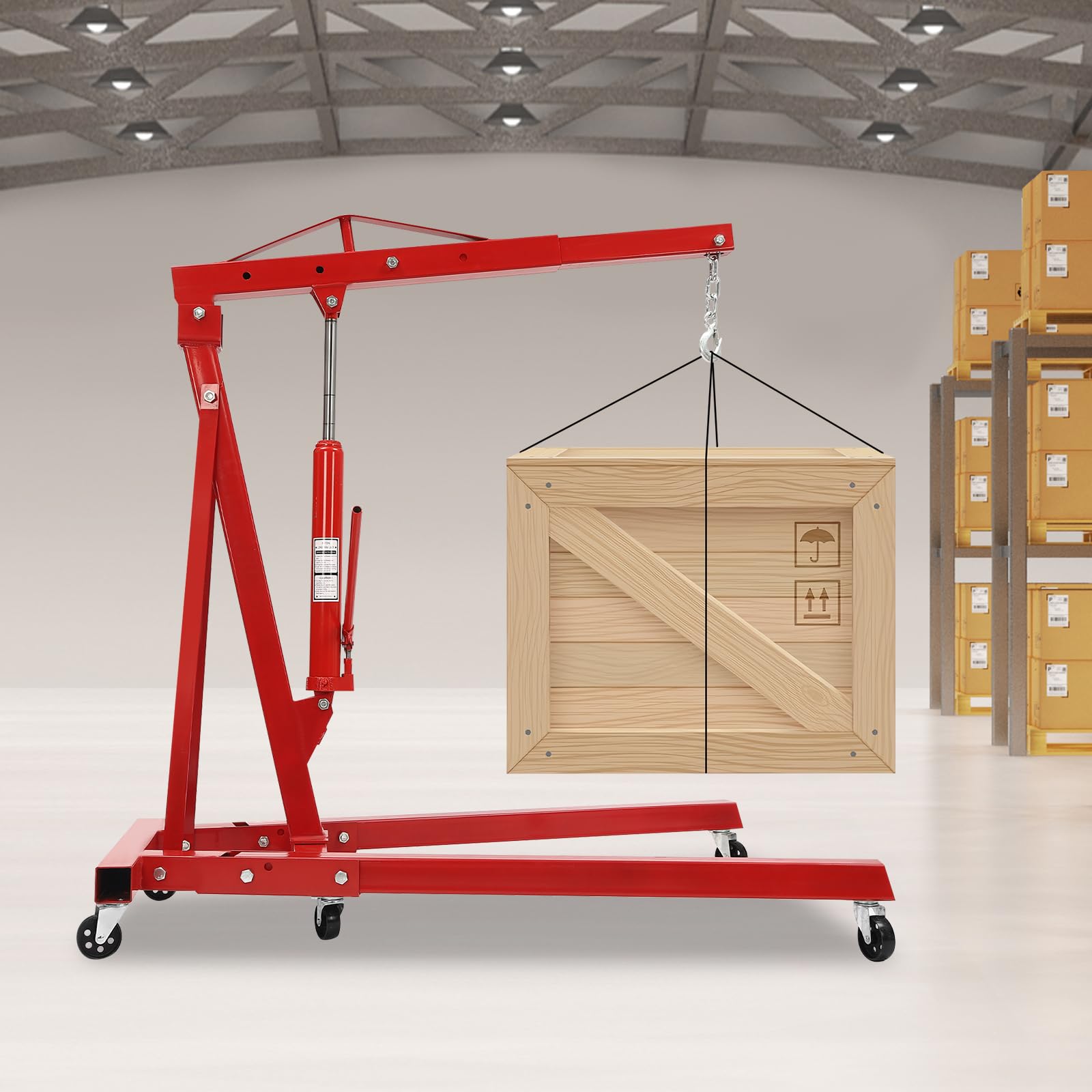 Sollevatore motore pieghevole 2t con 6 ruote – Carrello idraulico per officina e garage – Gru a motore con 4 livelli (0,5 – 2 t) e altezza massima 210 cm