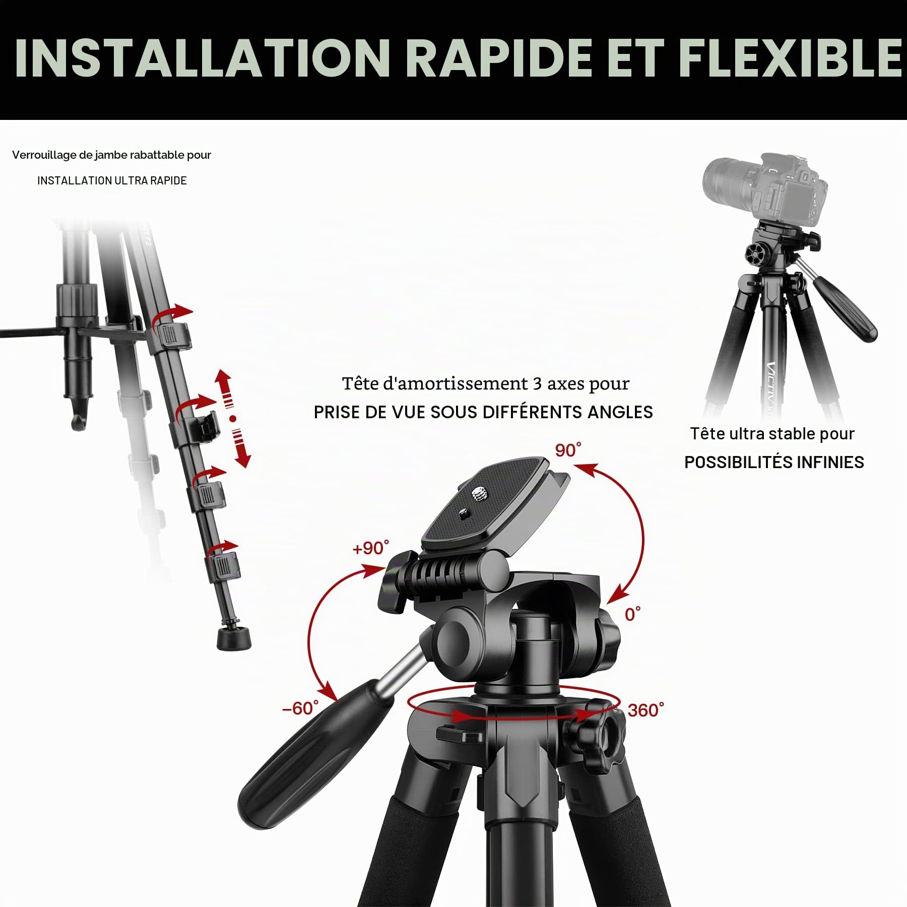 Victiv Trépied en aluminium T72 pour appareil photo - Hauteur maximale : 182 cm - Léger et compact - Avec tête pivotante à 3 voies et 2 plaques de dégagement rapide pour prise de vue vidéo DSLR - Noir