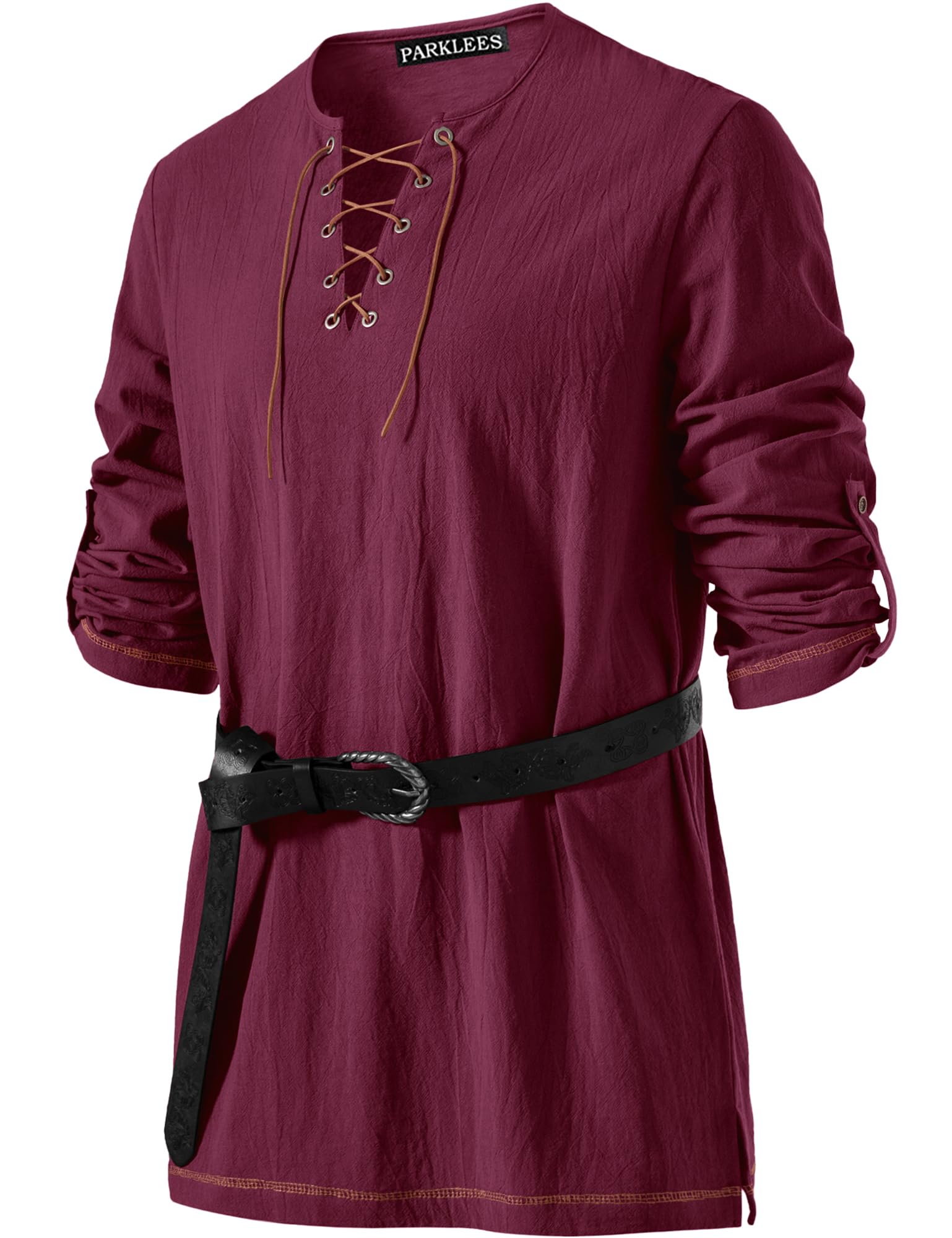 PARKLEES Men's Medieval Viking Pirate Costume Vintage Renaissance Halloween Shirts Burgundy Large