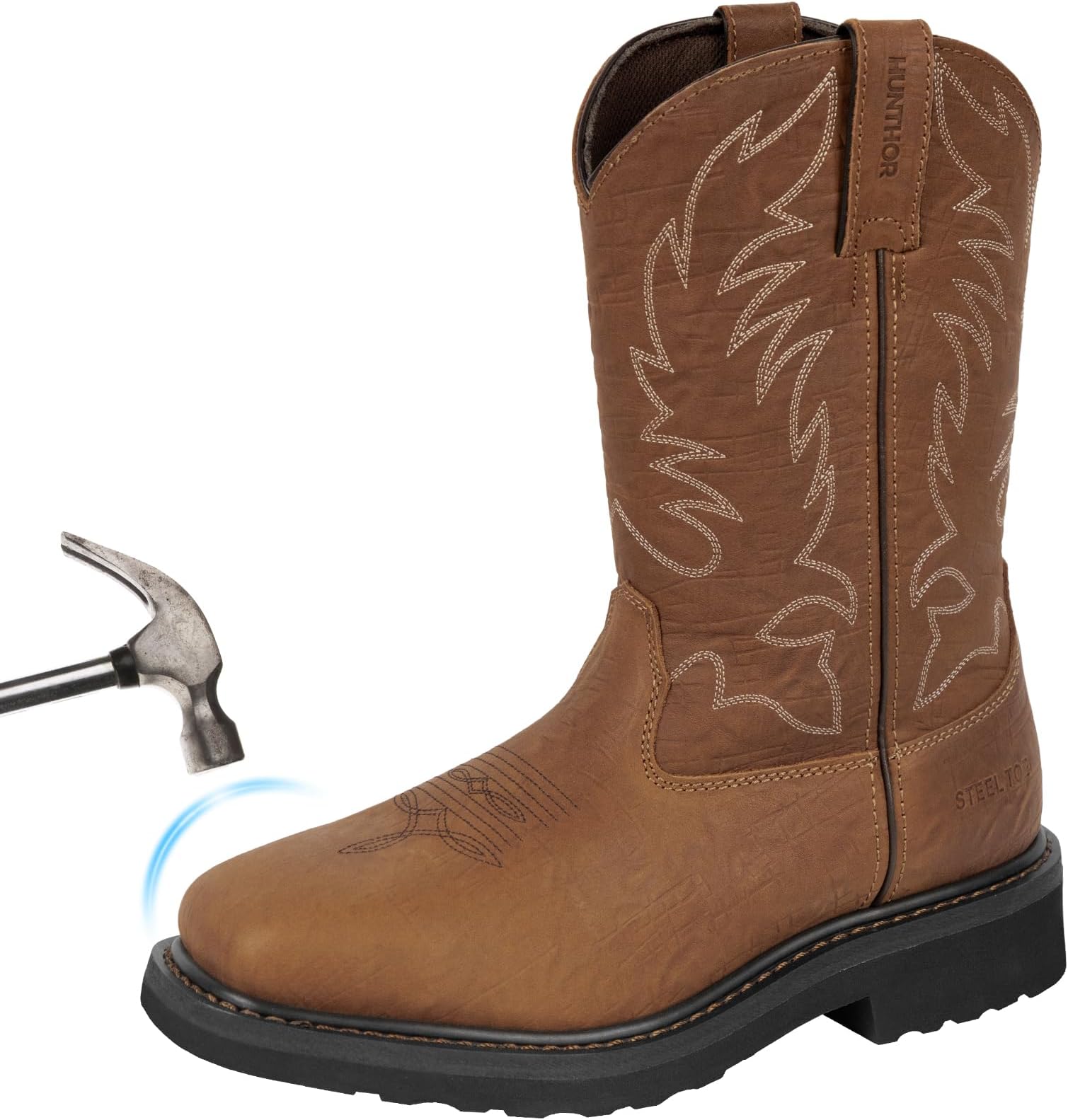 Men's Cowboy Work Boots, Square Steel Toe EVA Mid-Sole with GoodyearWelt Leather Anti Slip Western Men's Brown Boots for Manufacturing, Construction, Farming, Size 7-14