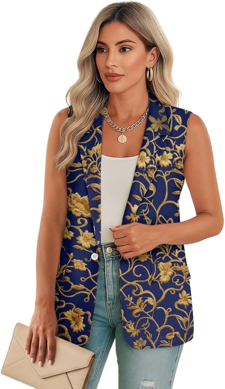 JoyLamoria Womens V Neck Blazer Vest Summer Sleeveless Waistcoat Work Casual Suit Tops