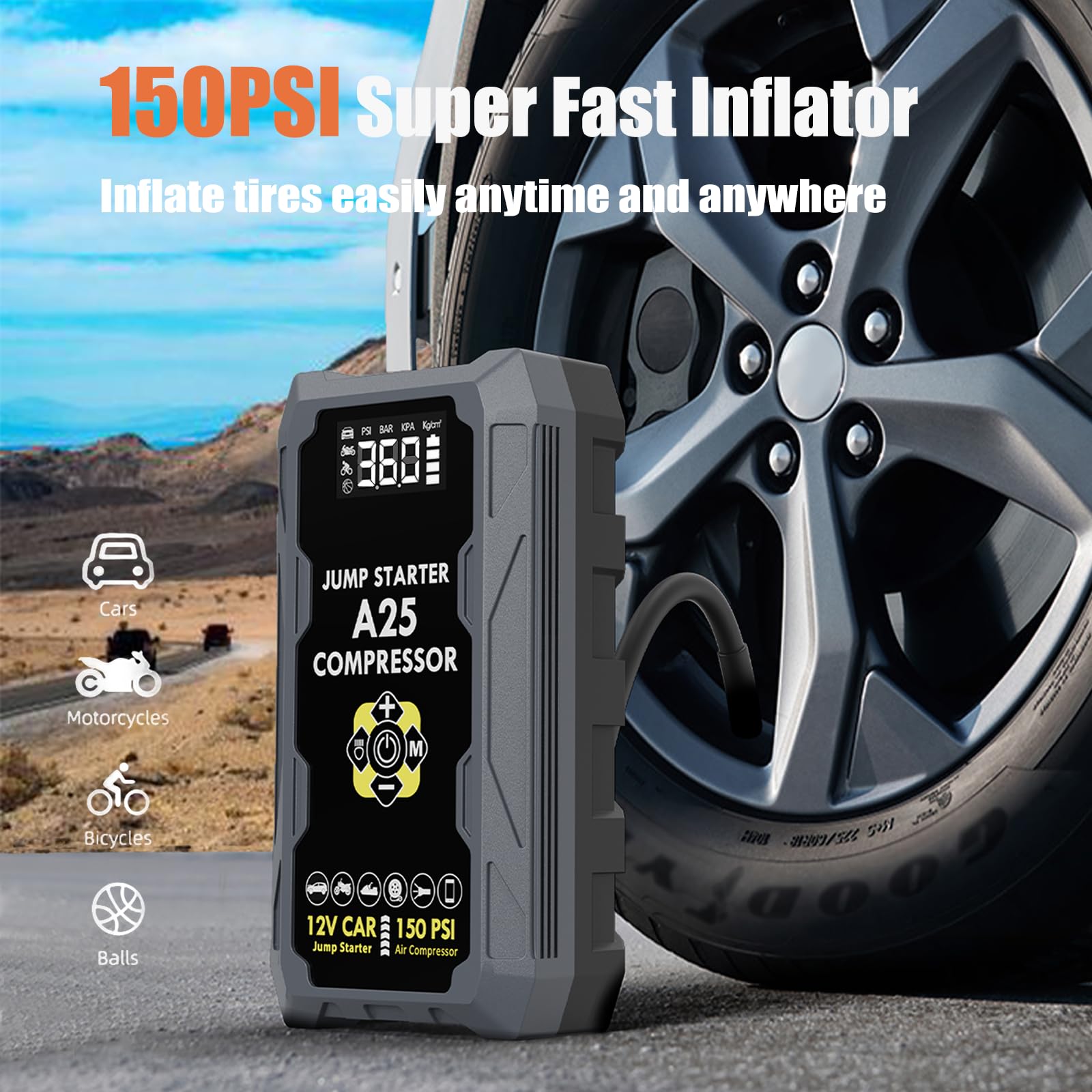 Paquete de energía de arranque de 5000 A con compresor de aire de 150 PSI, 8 en 1 de 12 V, arrancador de batería de coche para todos los motores diésel de gasolina/6.5 L, banco de energía con QC3.0
