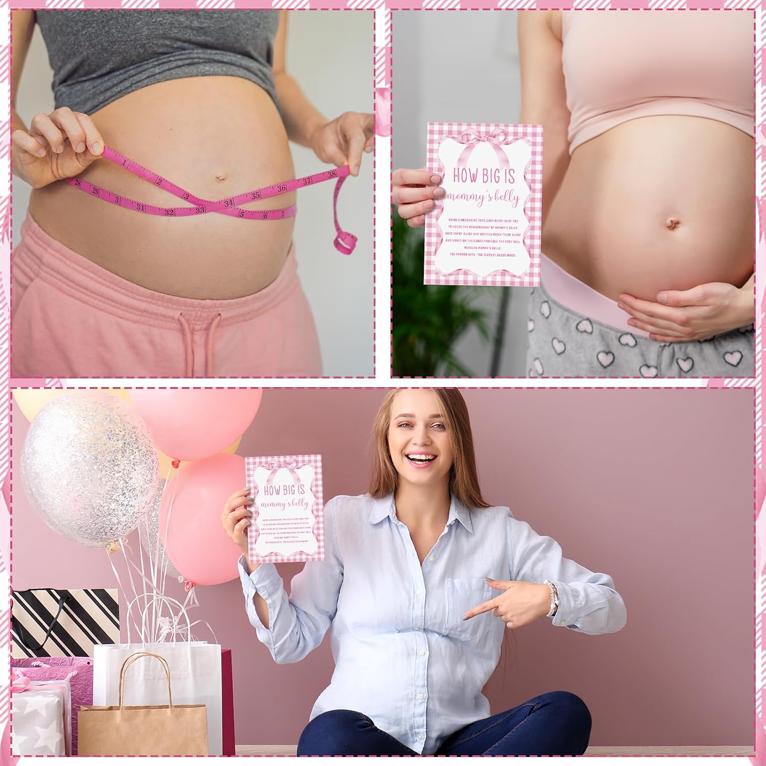 Sinload 54 Pcs Pink Bow Baby Shower Games Coquette Measure Belly Bump Game