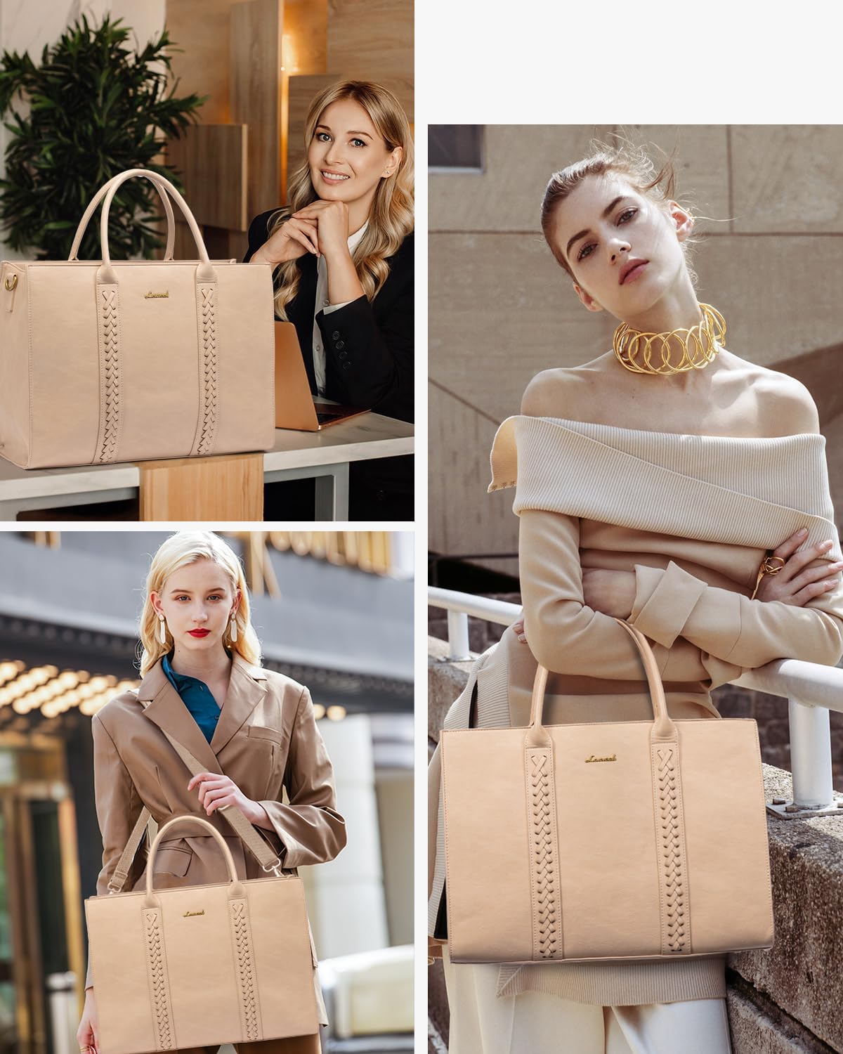 LOVEVOOK Laptop Tote Bag for Women, Vintage Leather Work Bags 15.6 inch Laptop Bag, Waterproof Computer Bag Business Office Briefcase, Beige - Image 2