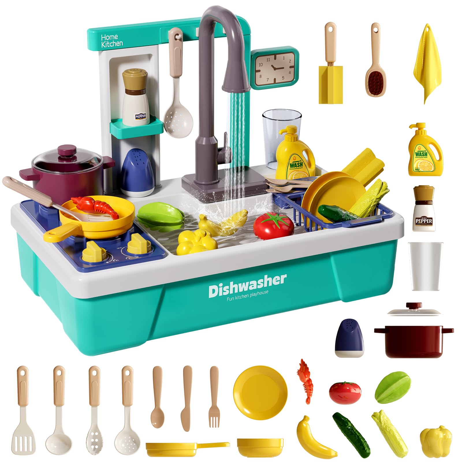Toddler Play Sink with Running Water,Pretend Role Play Kitchen Toys for Kids with Accessories Vegetable Fruit,Electric Dishwasher with Automatic Water Cycle System,Water Play Gifts For Boys Girls