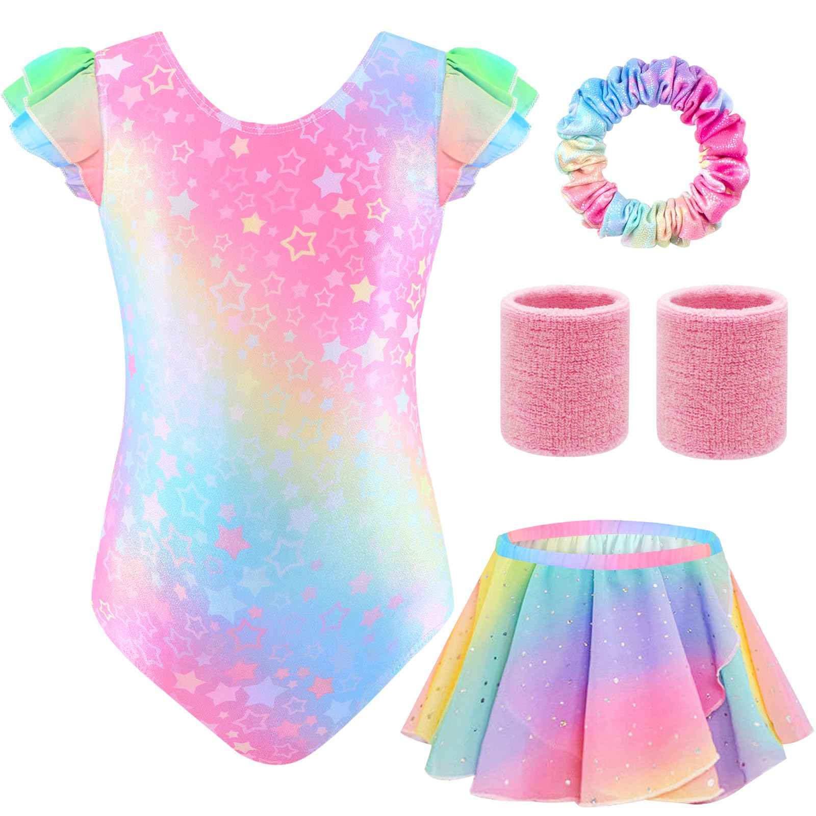 Maillot Gimnasia Rítmica Niña Conjunto 5 Piezas Sin Mangas Falda Cinta Cabello Muñequeras Ballet 4-9 Años