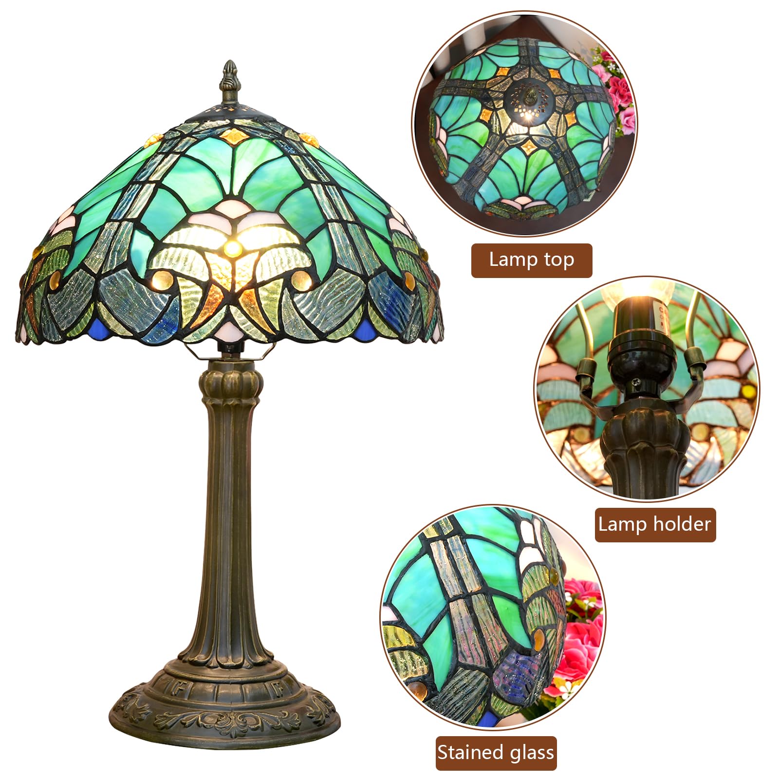 Lampa Tiffany w stylu Green Liaison, witrażowa lampa stołowa, zabytkowa lampa stołowa z metalową podstawą, lampa do czytania na biurko do salonu, sypialni, baru, sztuki i rzemiosła