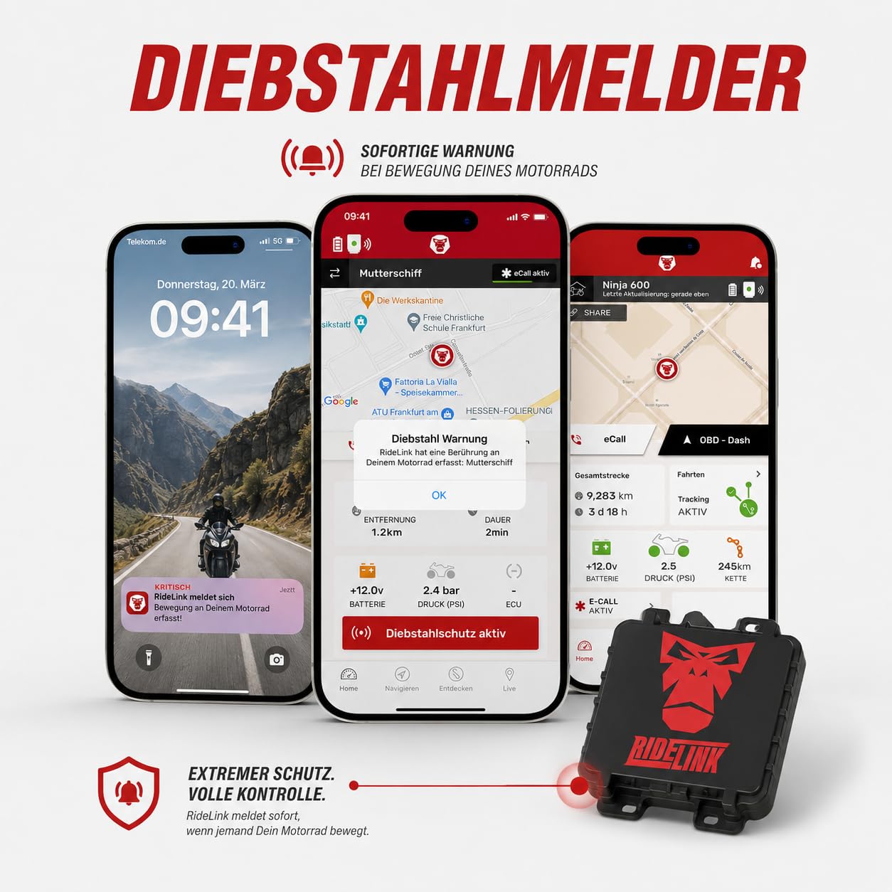 GPS Tracker Motorrad RideLink Wingman Pro Evo | 1 Hz Live Tracking, Diebstahlmelder & eCall | Motorrad Navigation, Routenplaner, Community | OBD2 Daten, Schräglage, Fahranalyse | IP67 | Made in Japan