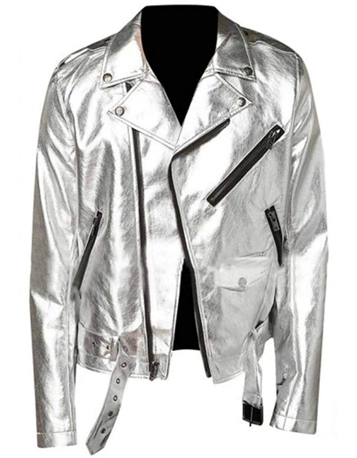 UGFashions Men's Silver Shiny Brando Motorcycle Belted Biker Synthetic Leather Jacket