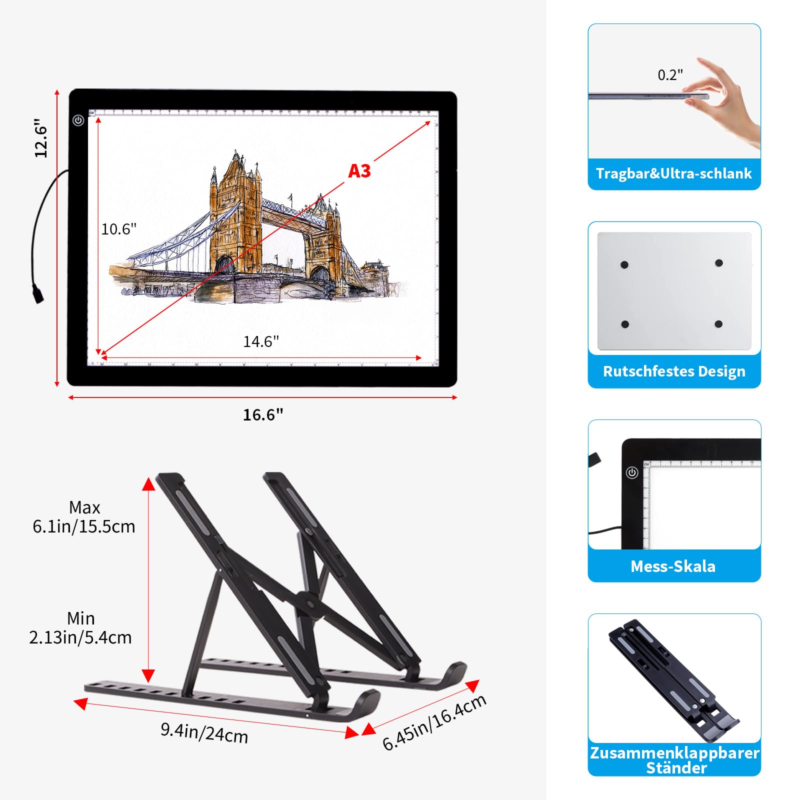 Leuchttisch A3 - Diamond Painting Leuchttisch mit Ständer, stufenlos dimmbare 3 Stufen Helligkeit Leuchtplatte Ultra-Thin LED Light Pad für Diamond Painting Tracing Sketching