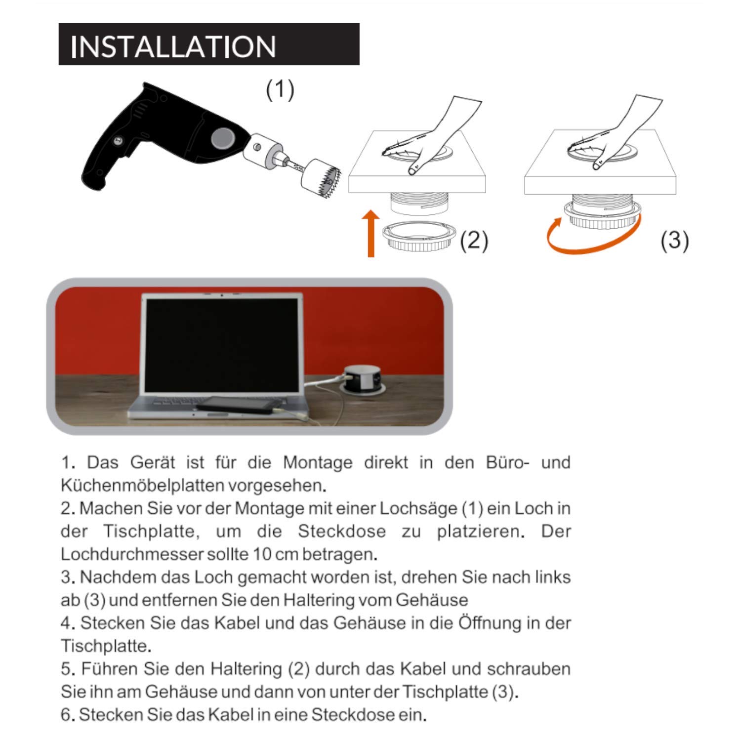 ORNO OR-AE-1342(GS) - Regleta de 3 enchufes y 2 Cargadores USB (3680 W, 10 cm de diámetro, Listo para conectar con Cable Schuko de 1,5 m de Longitud de Cable de 1,5 m)