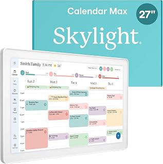 Calendar Max: 27-Inch Smart Digital Calendar & Chore Chart, Family Organizer with Interactive Touchscreen Display – Wall Mountable in Portrait or Landscape, Classic White Frame