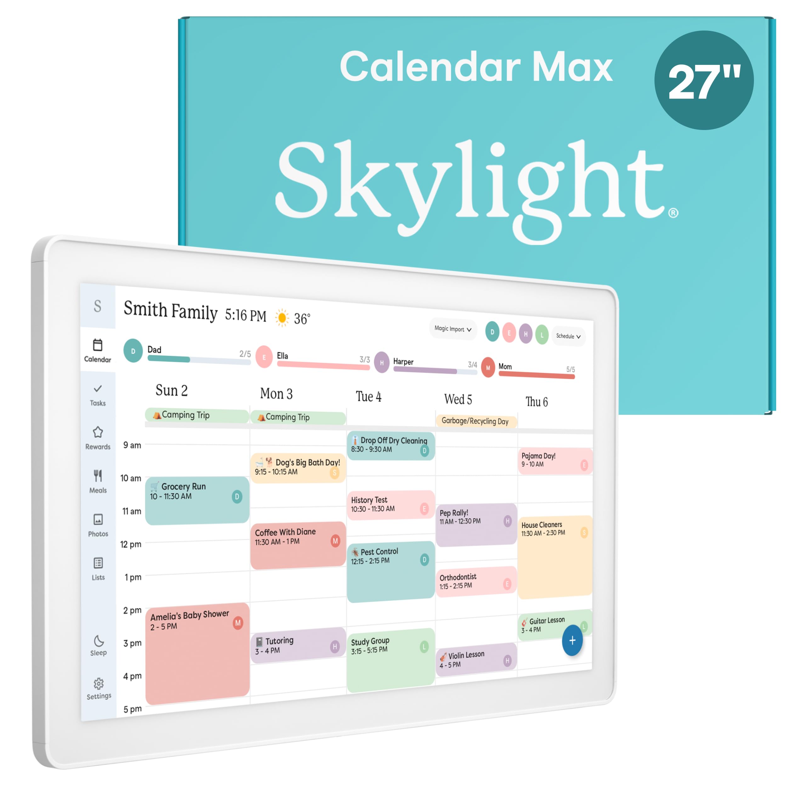 Skylight Calendar Max: 27" Smart Digital Calendar & Chore Chart, Family Organizer with Interactive Touchscreen Display - Wall Mount in Portrait or Landscape, Classic White Frame