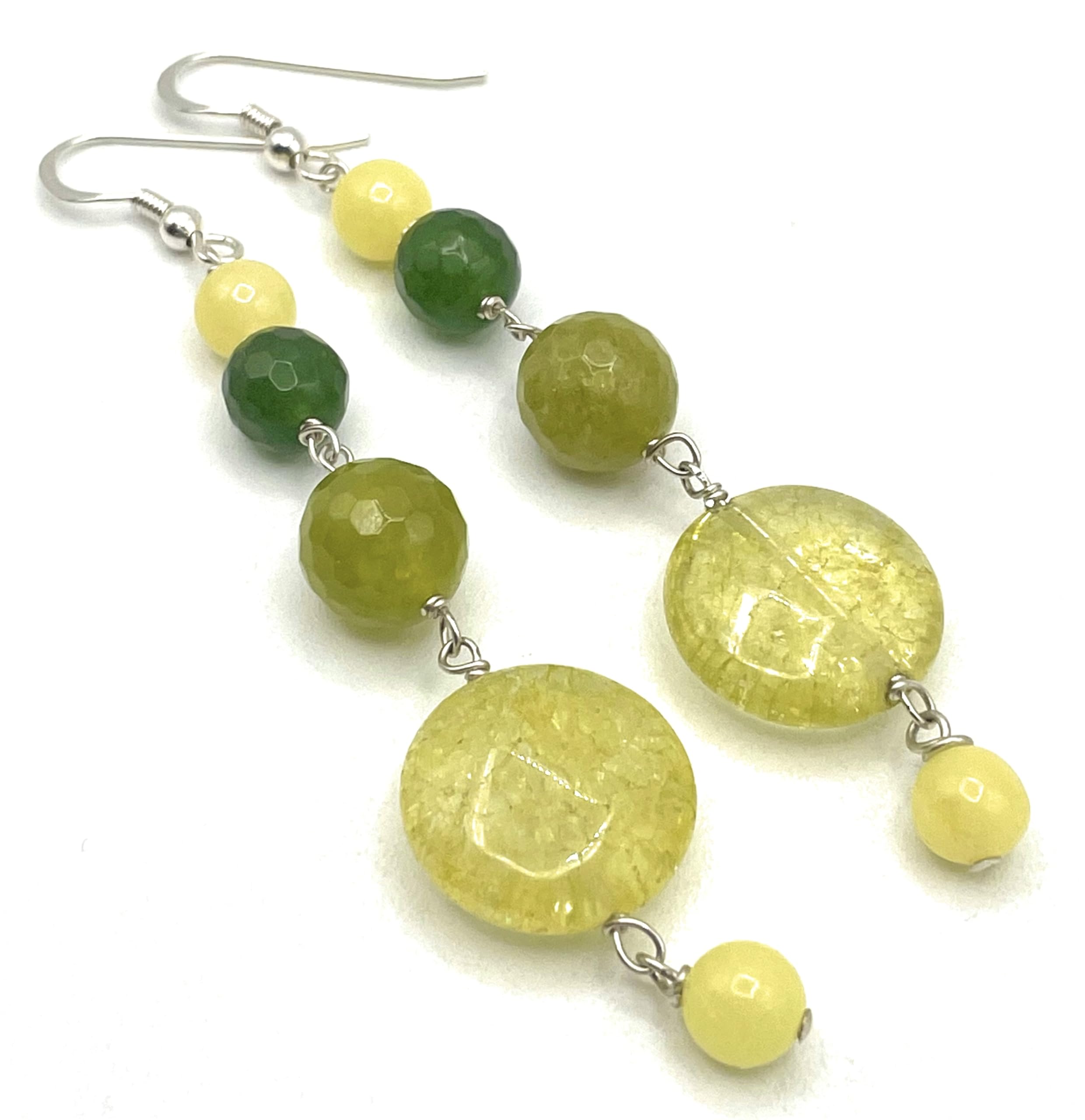 Orecchini Lunghi con Quarzo Giallo e Giada Verde, Pendenti in Argento 925, Gioielli Pietre Dure Naturali, Regalo per Lei, Bijoux Boho