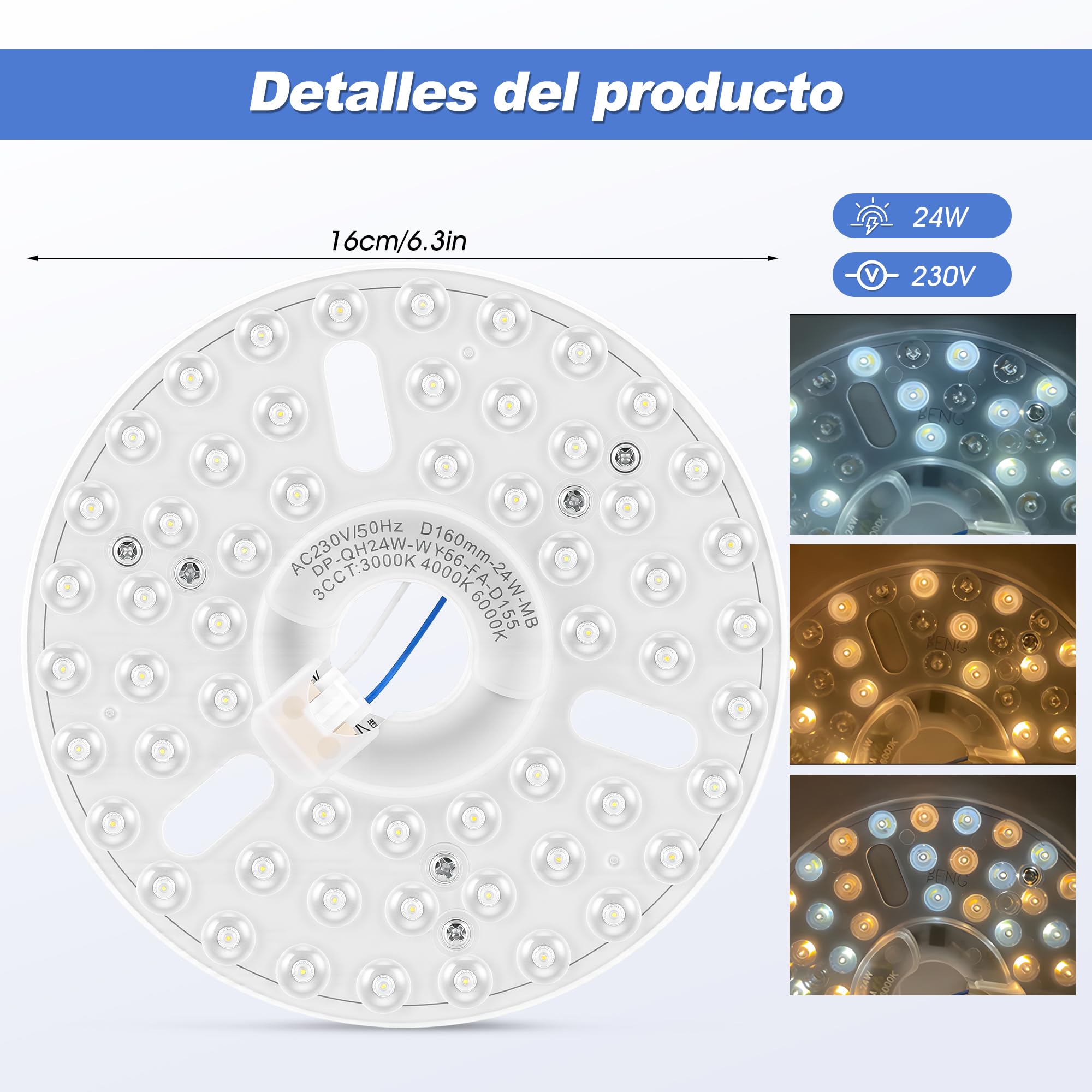 Kit de Luz del Ventilador de Techo LED de 6.3 Pulgadas Magnética de 24W Dimmable 3CCT 3000K 4000K 6000K Techo Ventilador Panel de Reemplazo de Luz (230V)