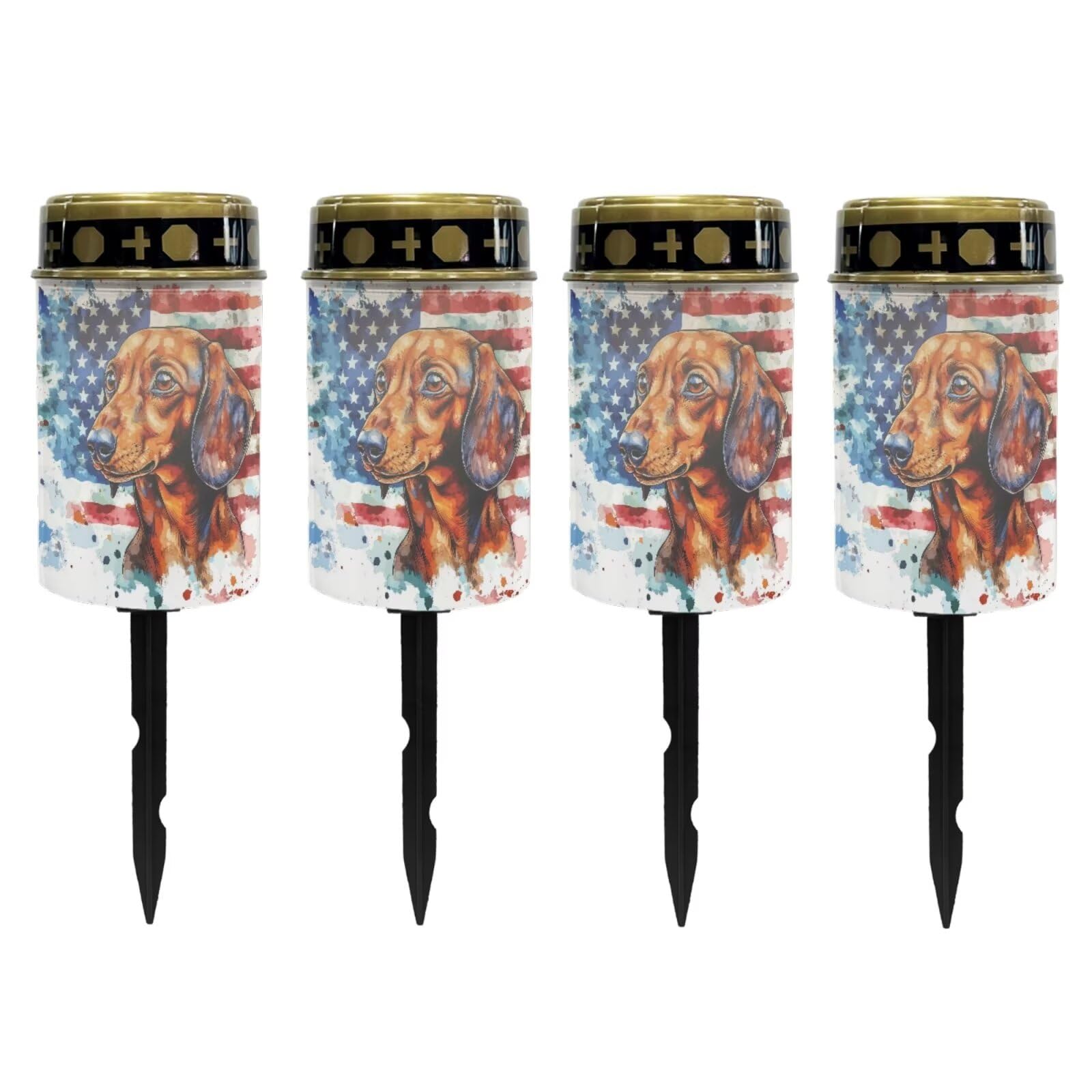 Poceacles 4 Pieces Solar Lights Outdoor Waterproof Cemetery Solar Outdoor Candle Grave Solar Decoration Solar Votive Candles Blessed Candles for Loss of Loves One, Dachshund American Flag