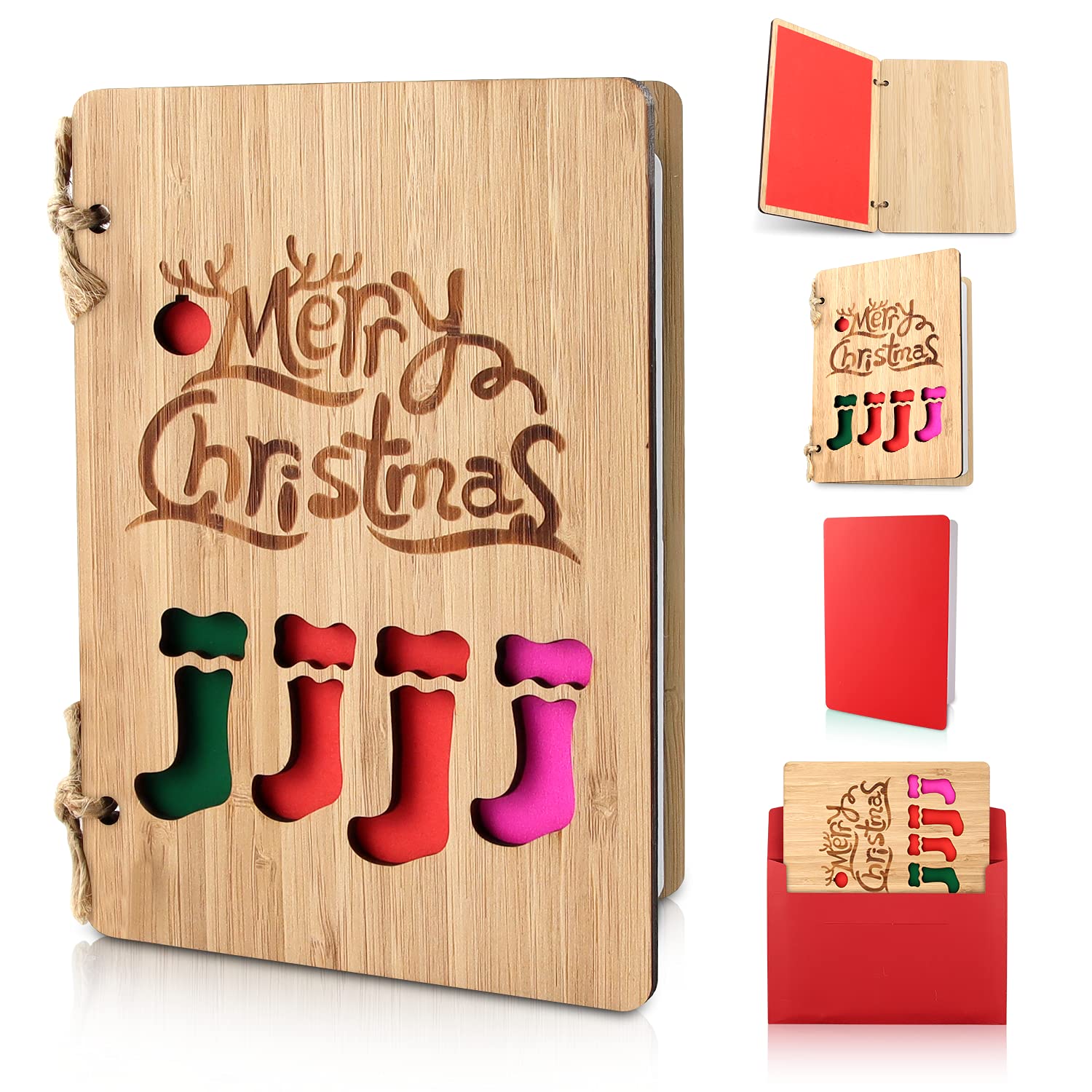Biglietto Di Auguri Natalizio In Bambù Con Incisione Laser – Formato 15x22 Cm Aperto, Con Busta E Inserto In Carta – Design Con Fiocchi Di Neve, Renne, Albero – Regalo Ecologico E Originale
