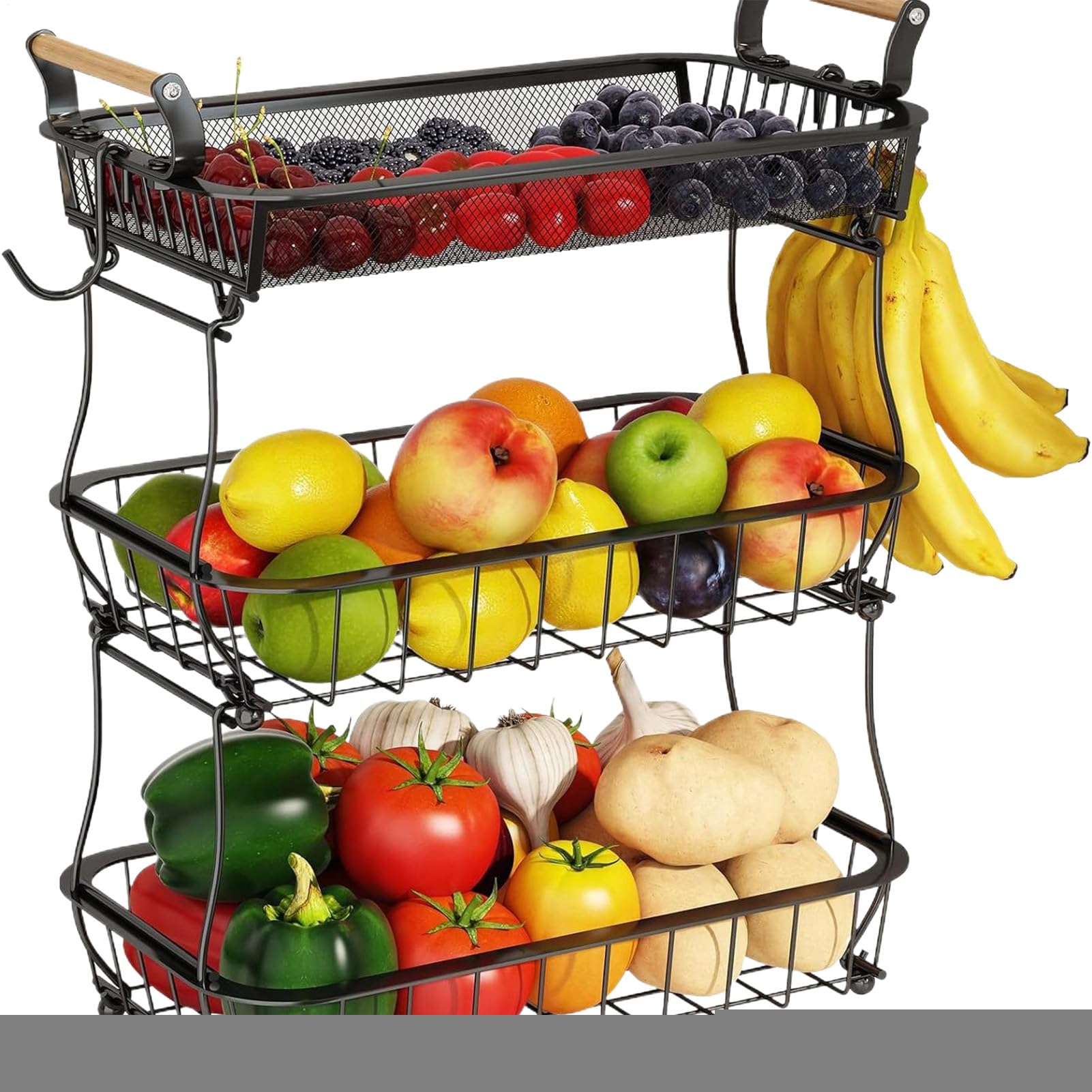 Frutero de 3 niveles: cesta de alambre para encimera de cocina y despensa rústica