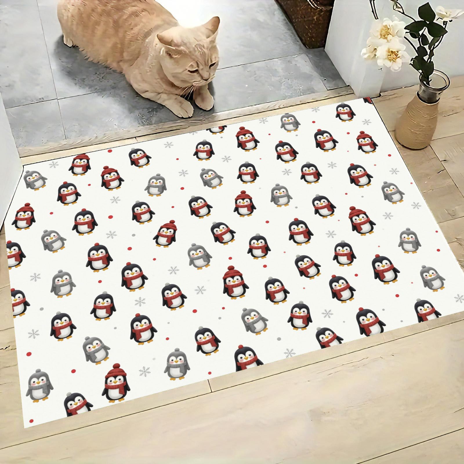 Fußmatte Innen Winterlicher Weihnachts, 60x120 cm | Rutschfester Waschbarer Fussmatte Weihnachtspinguin Kurzflor Weich Teppich Eingangsteppich, Sauberlaufmatte, Schmutzfangmatte, Leicht zu Reinigen