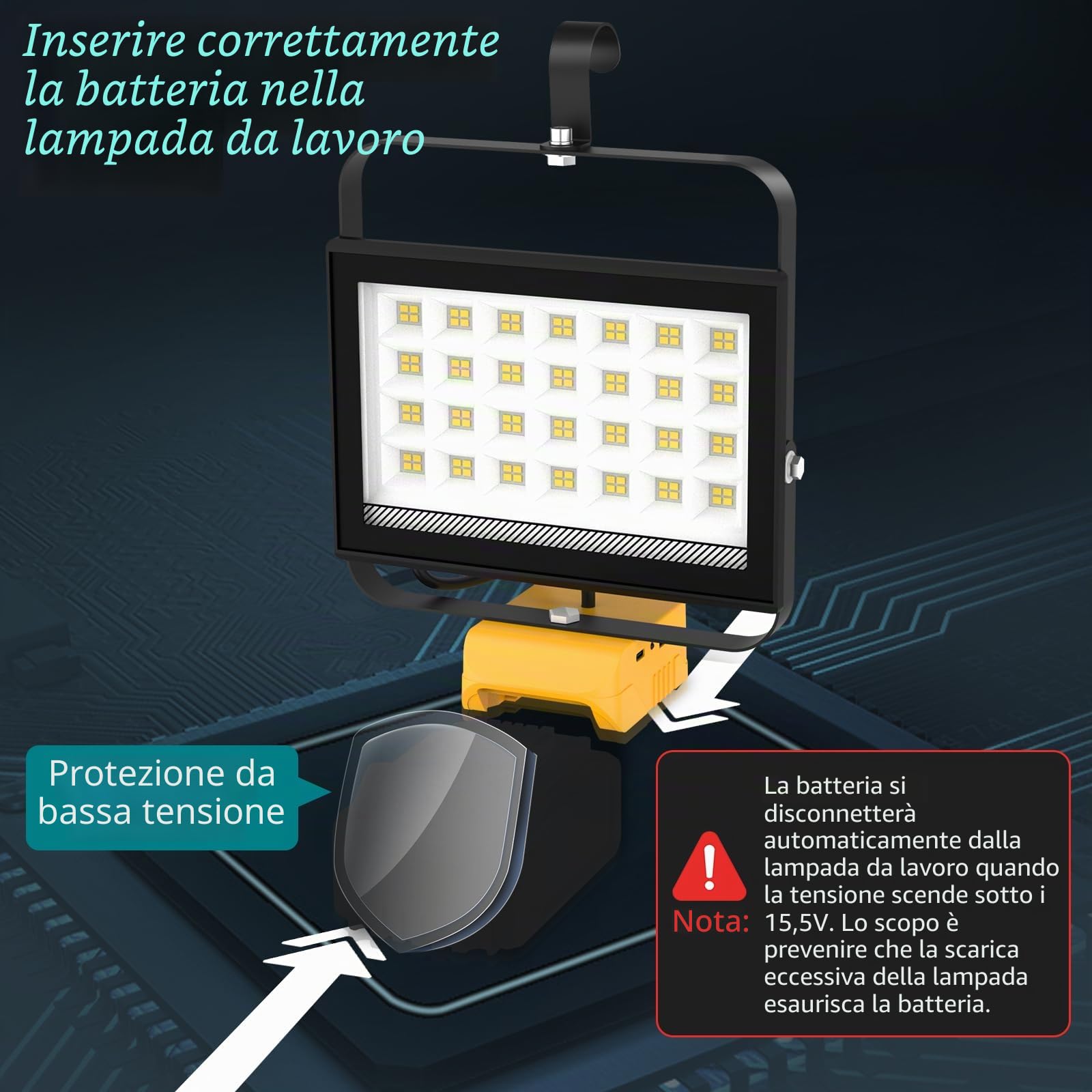 T-SUN Faro LED Ricaricabile Compatibile con Dewalt Batteria 18V, Lampada da Lavoro Faretto 100W 2 Modalità, Faretto LED Portatile con Type C/USB per Garage, Campeggio, Cantiere(Senza Batteria)