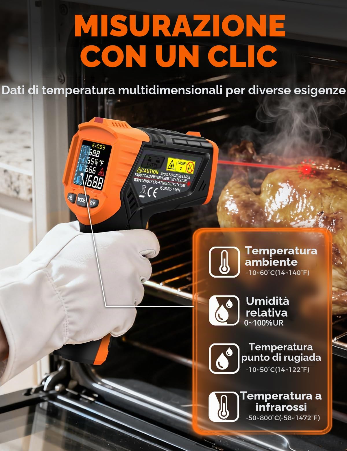 Termometro Infrarossi POROMETISTO 4 in 1, -50°C～800°C, Rilevamento Umidità, K-Sonda, Laser IR Pirometro Digitale