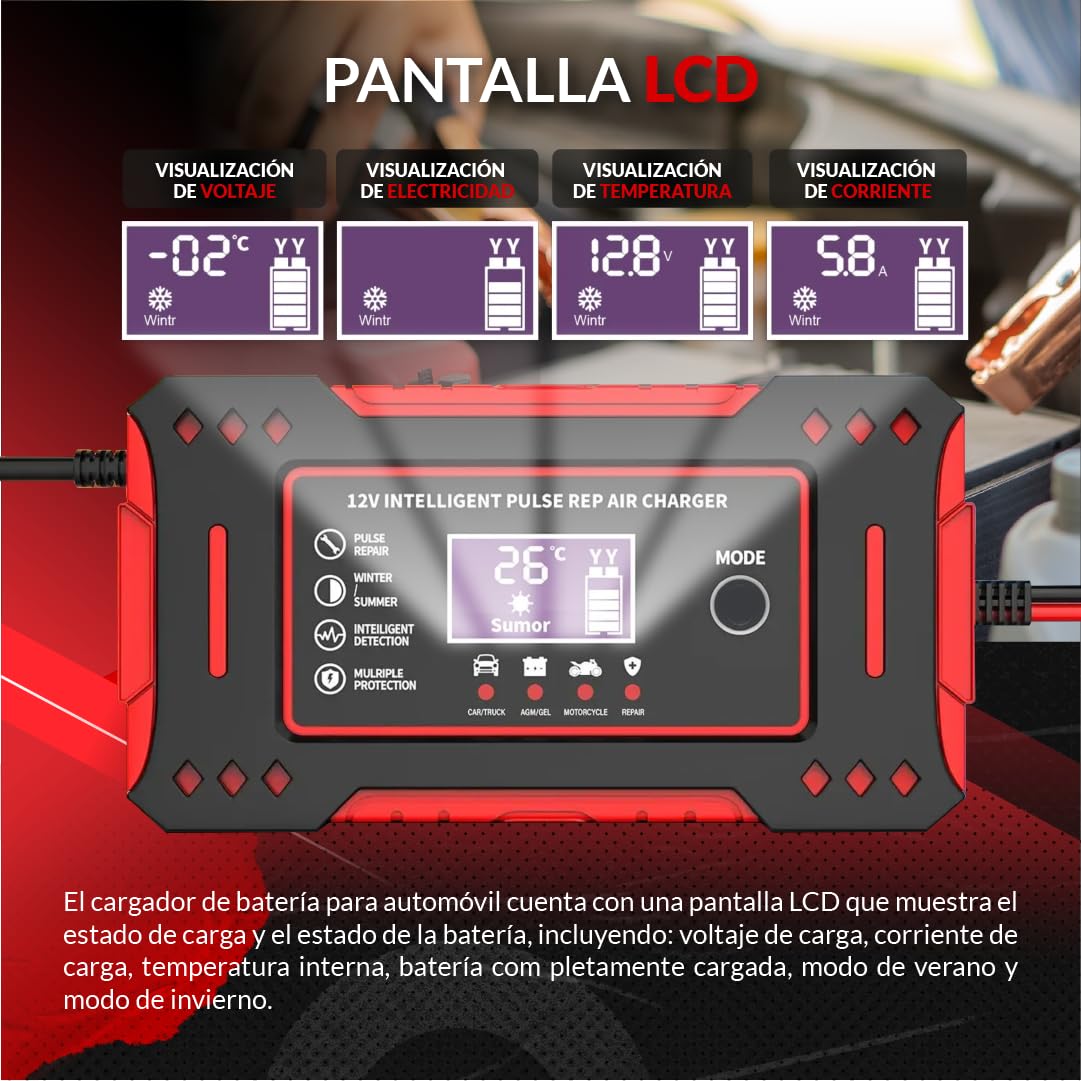 SweetSolutions© Cargador Baterias Coche 12V6A | Cargador De Batería Coche con Función Inteligente | Reparación Automática | Pantalla LCD | Automóviles Moto Camión AGM Gel SLA