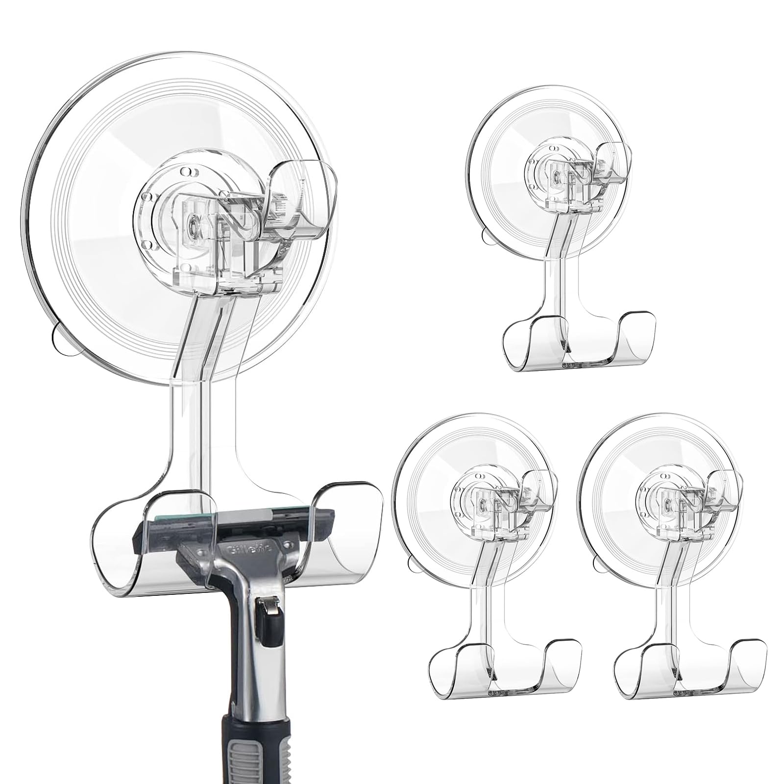 suction cup razor holder 4 pack, reusable powerful shower suction hooks for inside shower, waterproof shaver holder for kitchen bathroom door glass loofah towel robe wreath