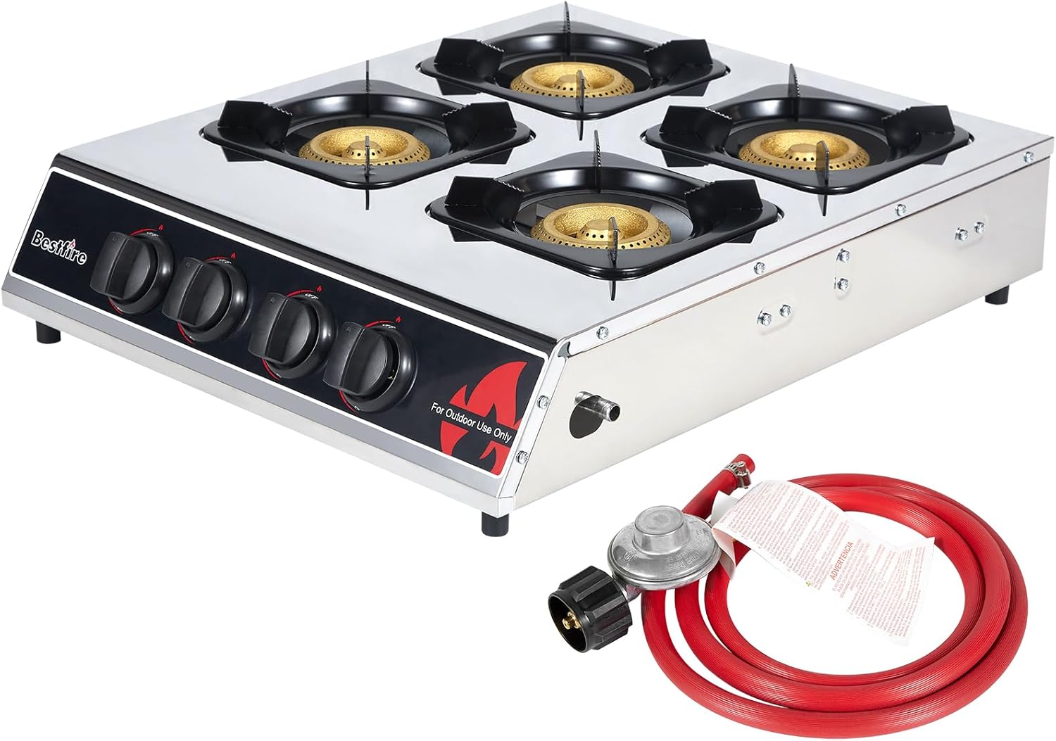 BESTFIRE 4 Burner Propane Gas Stove 40,000 BTU Stainless Steel Cooktop with Enamel Pan Support, Electronic Ignition, Regulator & Hose Included, Portable Gas Stove for Camping, Outdoor Cooking, BBQ BESTFIRE 4 Burner Propane Gas Stove 40,000 BTU Stainless Steel Cooktop with Enamel Pan Support, Electronic Ignition, Regulator & Hose Included, Portable Gas Stove for Camping, Outdoor Cooking, BBQ