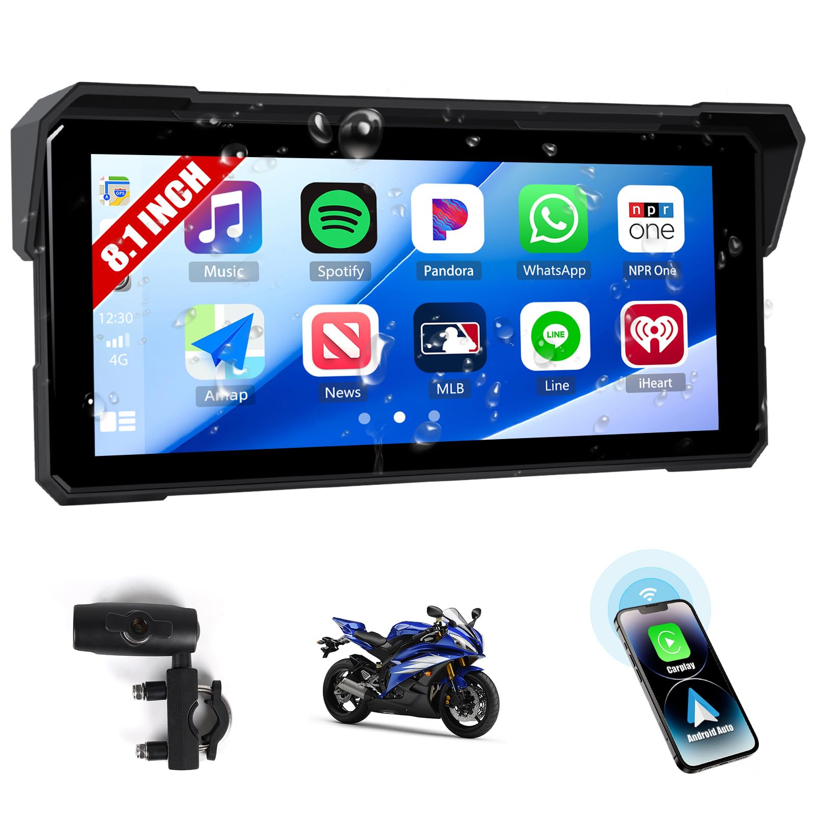 [2025] CAMECHO Senza Fili Carplay 8.1 Pollice Moto Schermata con Android Auto IP68 impermeabile, Touchscreen Navigatore con Bluetooth Airplay Android Cast EQ Suono Ampia Adattabilità +1600 * 600 HD