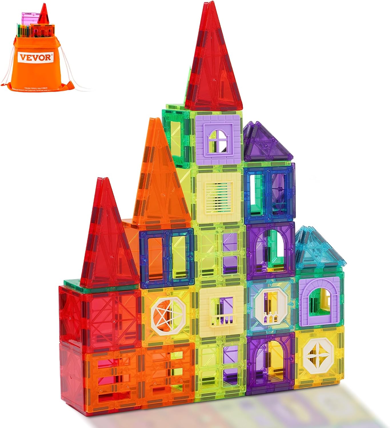 VEVOR Magnetic Tiles, 32 PCS Magnetic Building Blocks for Kids, Magnet Building Set with Storage Bag, STEM Sensory Educational Construction Stacking Toys Gift for Toddlers Boys and Girls 3+ Year Old