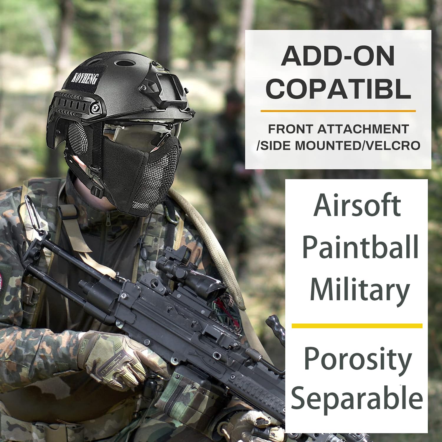 Casco Fast Tattico MH Combinato, con Protezione per le Orecchie Pieghevole Maschera a Rete Mezza Faccia e Occhiali per il Set di Giochi Airsoft Paintball CS