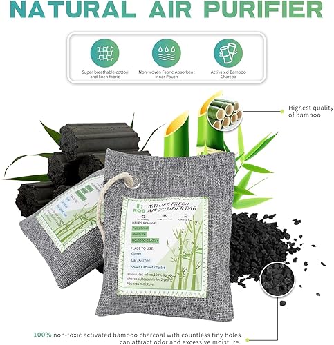 Vista 2 de Paquete de 6 absorbentes de olores de carbón activado. Nature Fresh Bolsa purificadora de aire de carbón de bambú para el hogar, armario