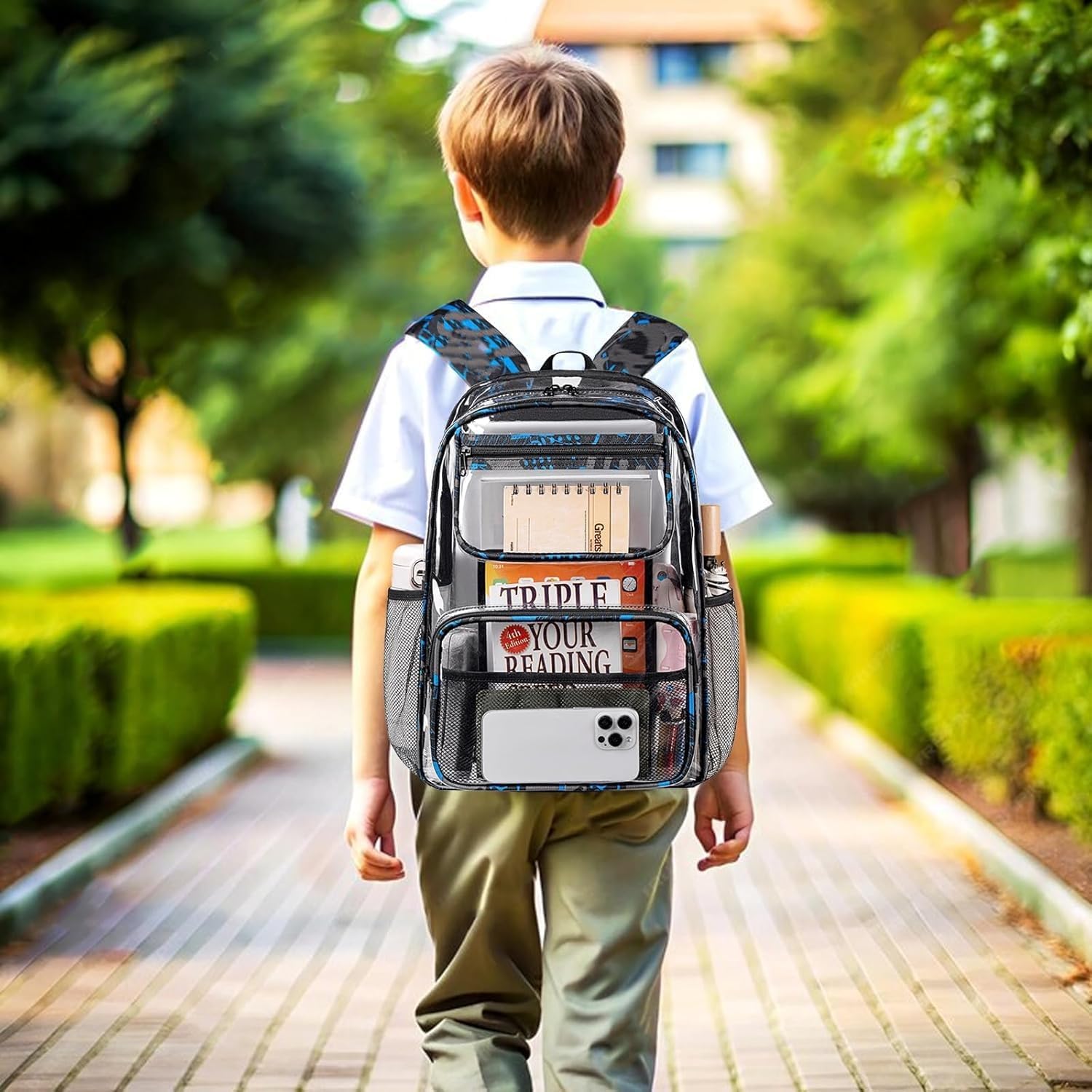 Bluboon Clear Backpack Heavy Duty Kids Boys Clear Bookbag See Through Backpacks with Pencil Case for College Work (Transparent Blue) - Image 4