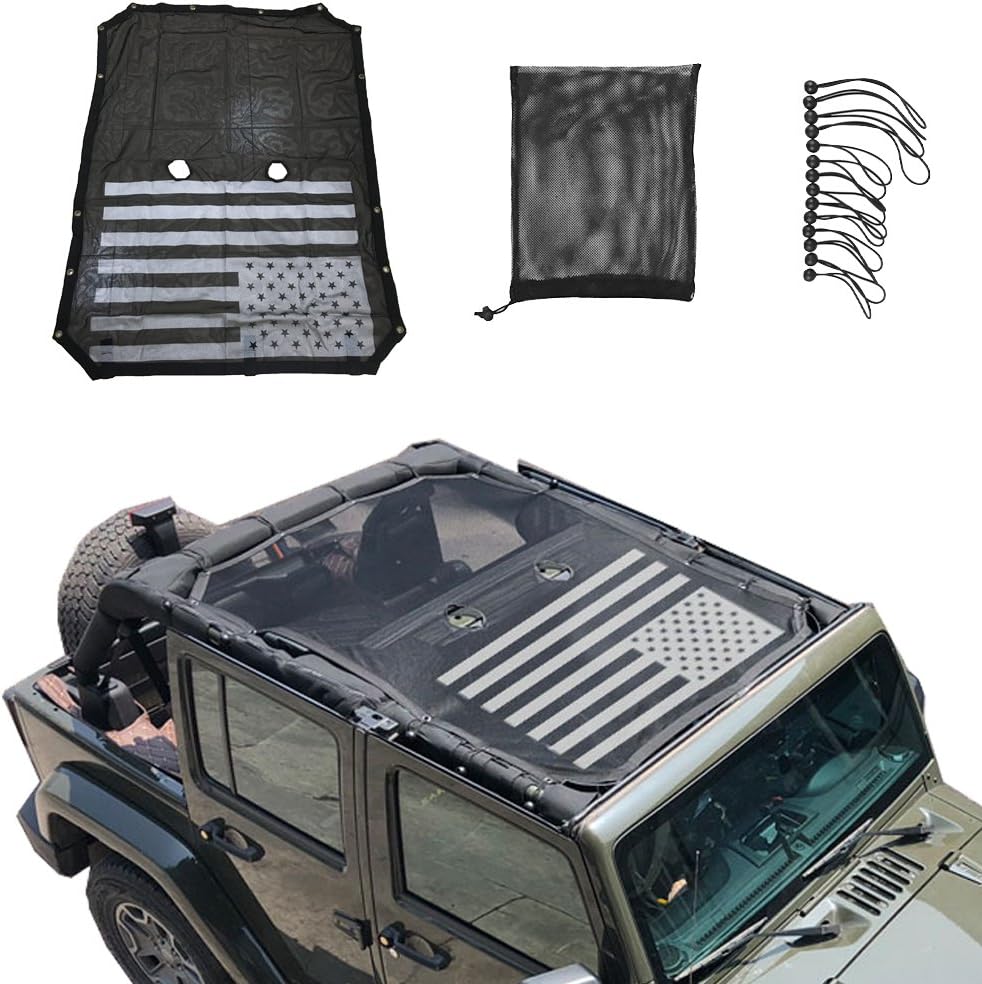 Micephon Top Roof Mesh Sunshade Net for Jeep Wrangler JK JKU 4 Door (2007-2017) (With US Flag)