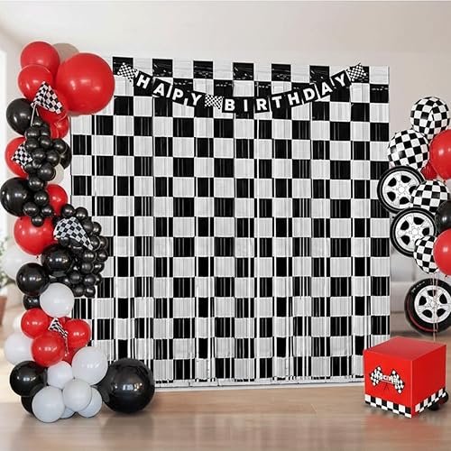 Miniatura 4 de Decoración de telón de fondo de serpentinas para fiesta de cumpleaños de auto de carreras, 2 piezas de cortina de flecos de papel de aluminio a