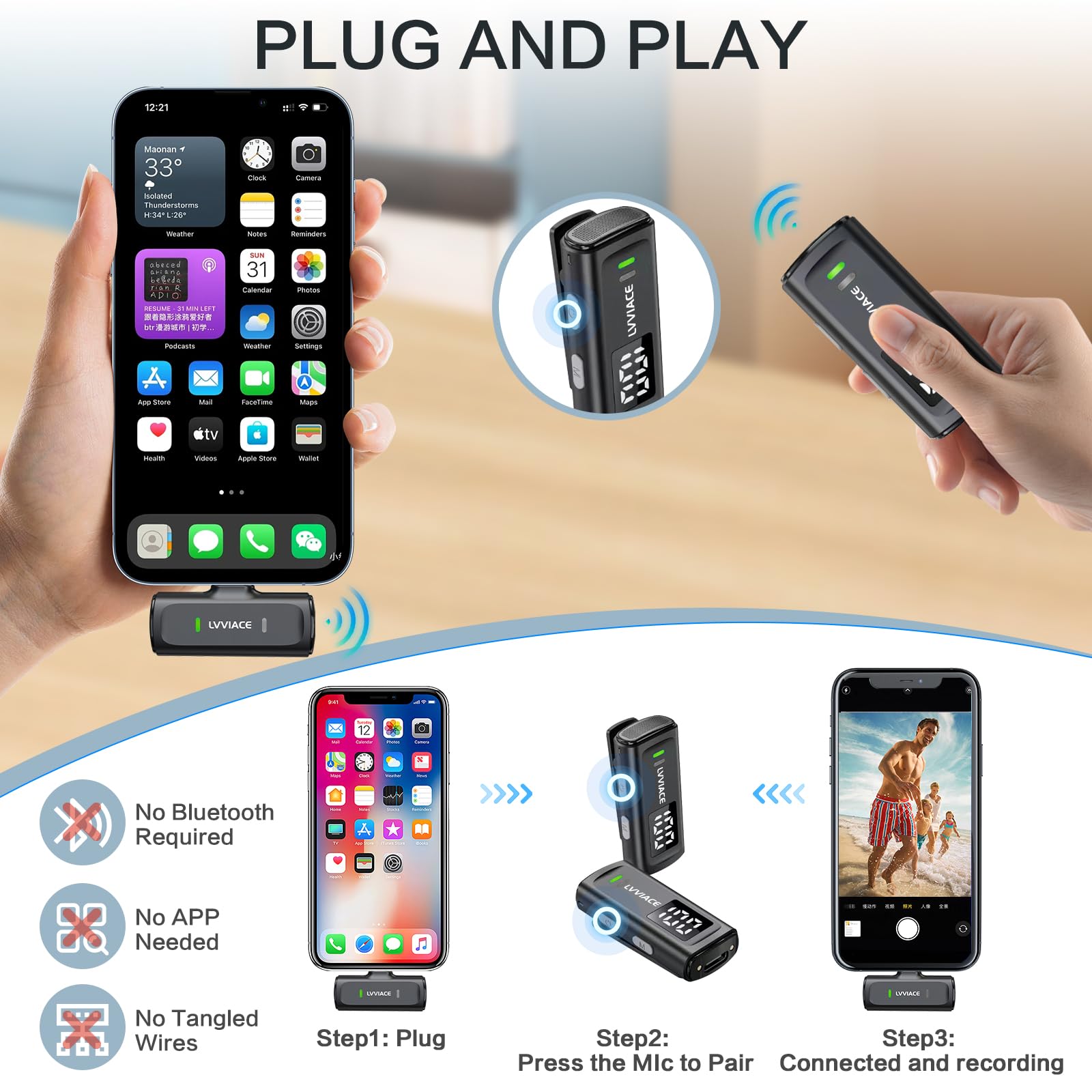 Micro Cravate pour téléphones avec Ports USB de Type C, 40 Heures d'autonomie avec boîtier de Chargement de l'émetteur à Affichage Numérique, Microphone de Lavalier sans Fil de 82 Pieds