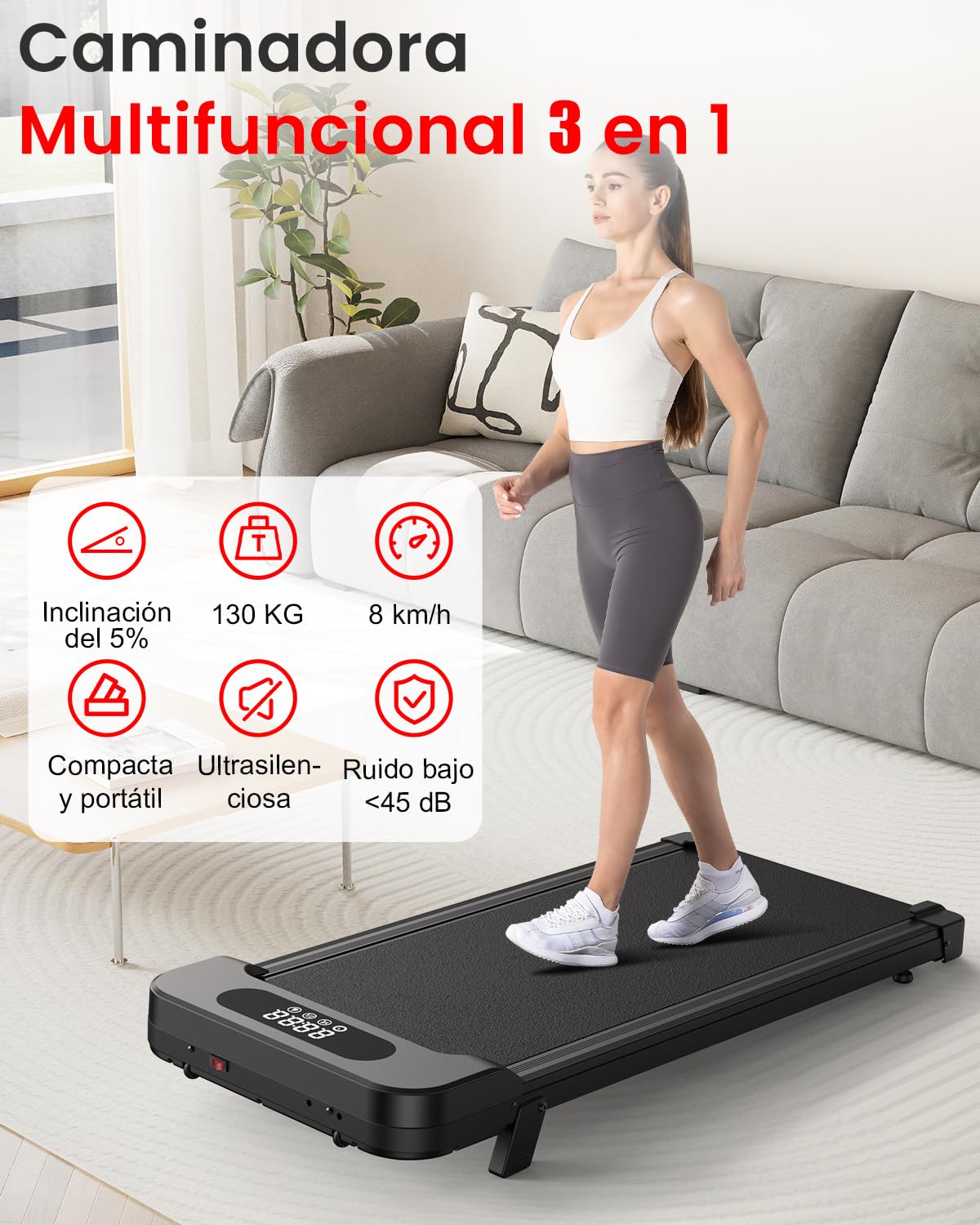 Cinta de Correr y Andar 3 en 1 con Inclinación 7% – Caminadora Eléctrica Silenciosa, 8 km/h, Motor 2,5 CV, Sistema de Amortiguación, Pantalla LCD, 130 kg Máx – Uso en Casa y Oficina